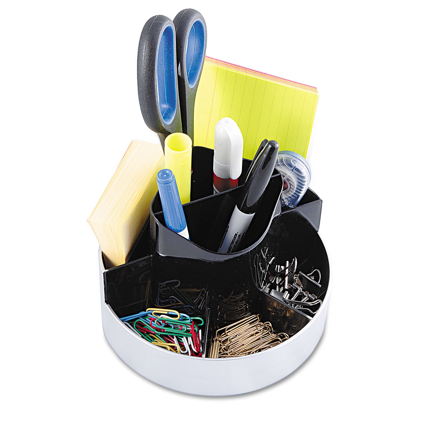 Rotating Desk Organizer, 8 Compartments, Plastic, 6 x 5.75 x 4.5, Black/Silver -