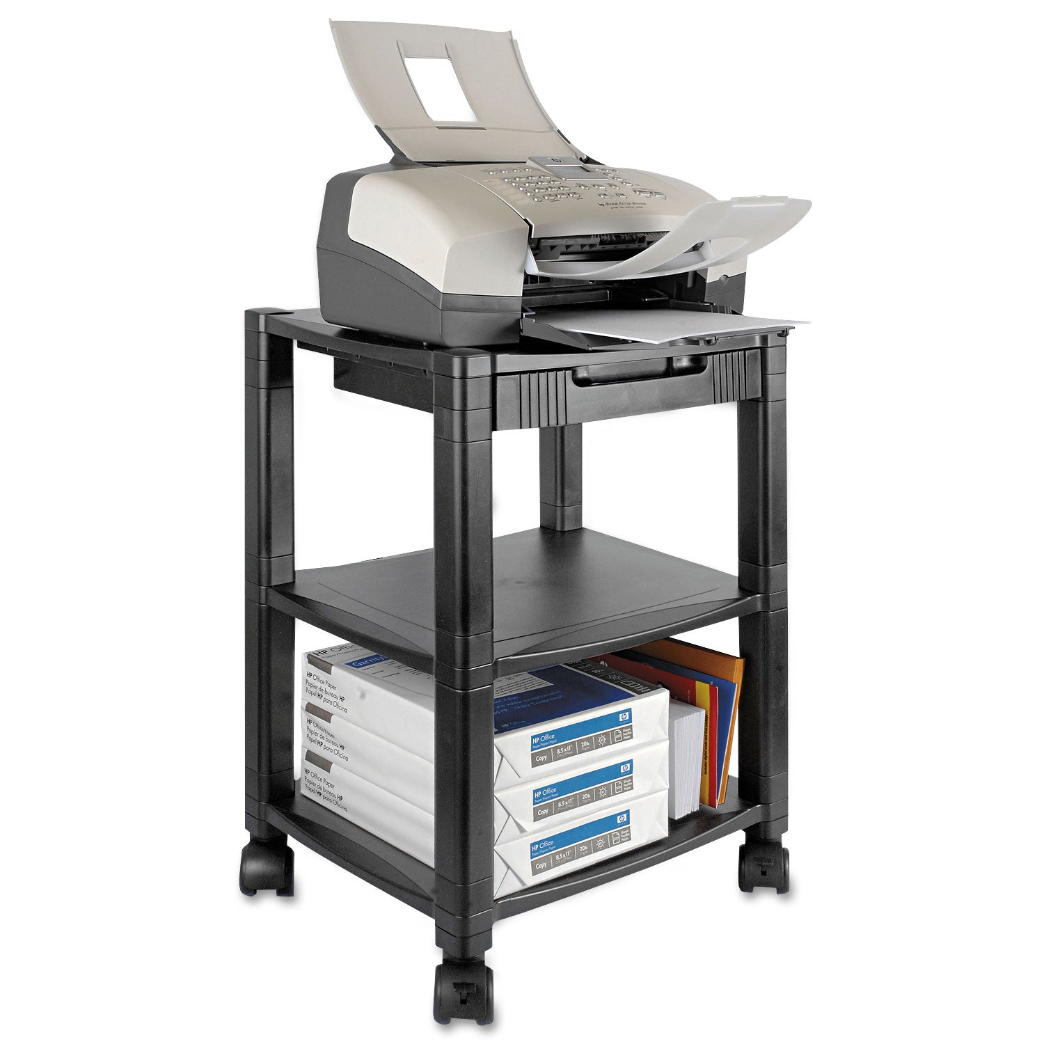Height-Adjustable Deskside Printer Cart, Plastic, 3 Shelves, 1 Drawer, 75 lb Capacity, 17" x 13.25" x 24.5", Black -