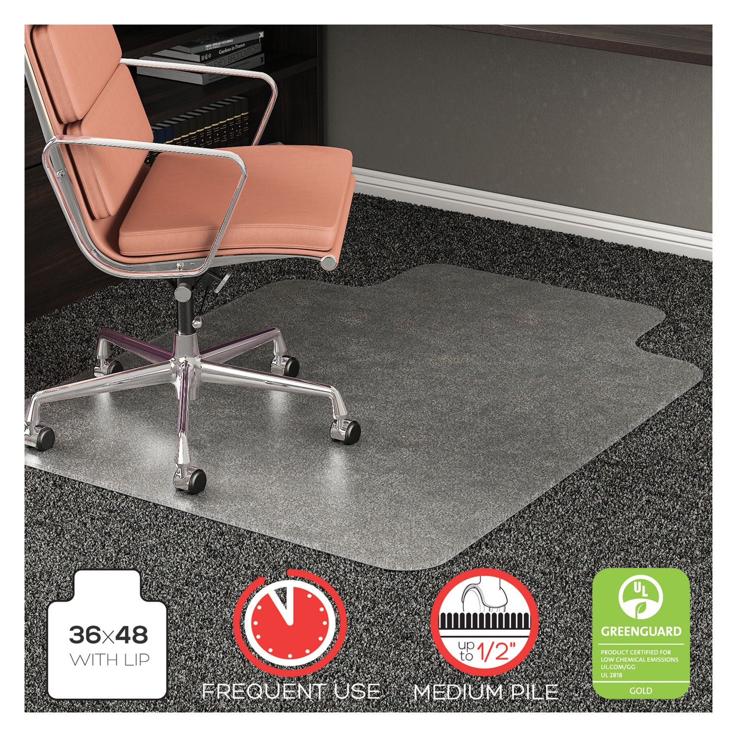 RollaMat Frequent Use Chair Mat, Med Pile Carpet, Flat, 36 x 48, Lipped, Clear -