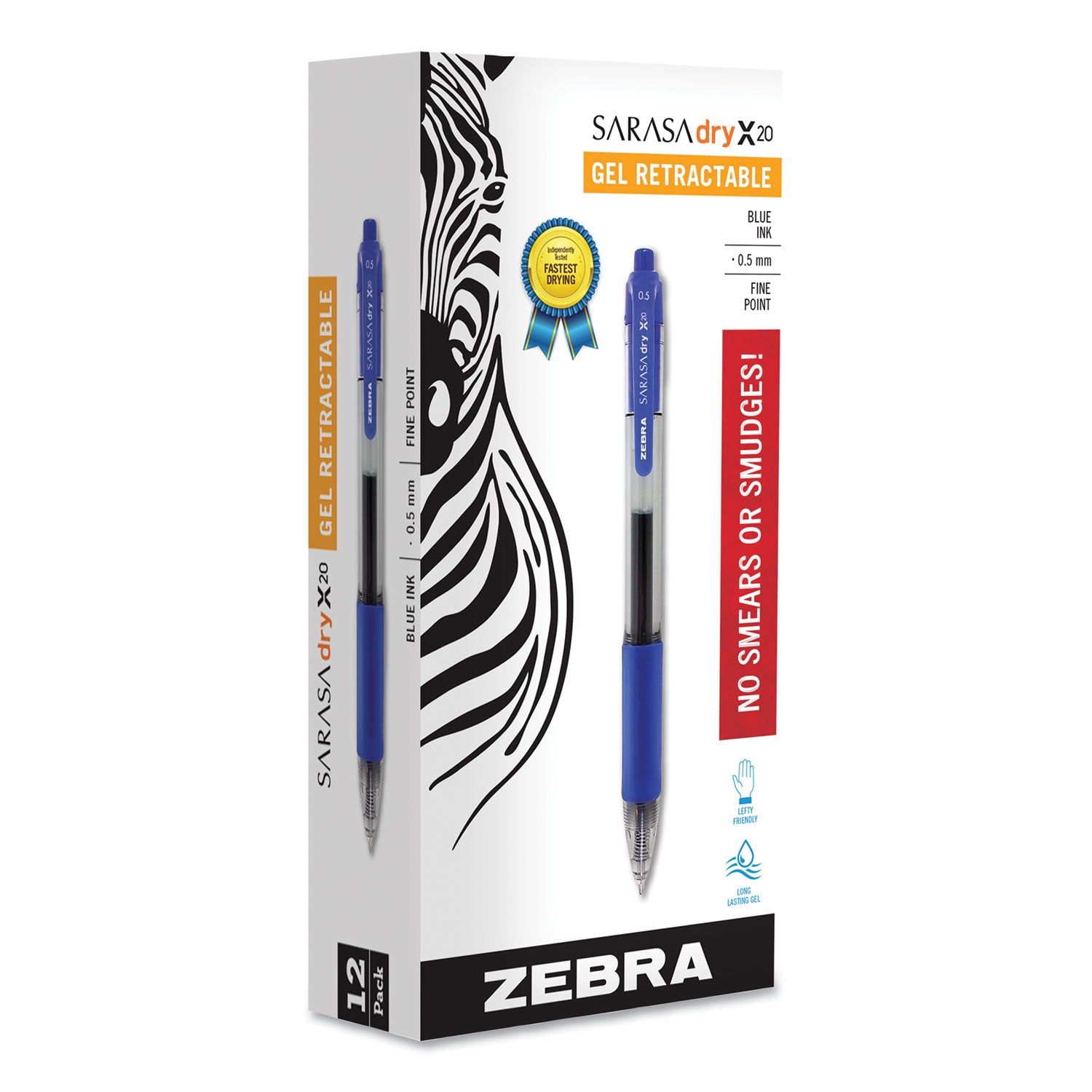 Sarasa Dry Gel X20 Gel Pen, Retractable, Fine 0.5 mm, Blue Ink, Clear/Blue Barrel, 12/Pack -