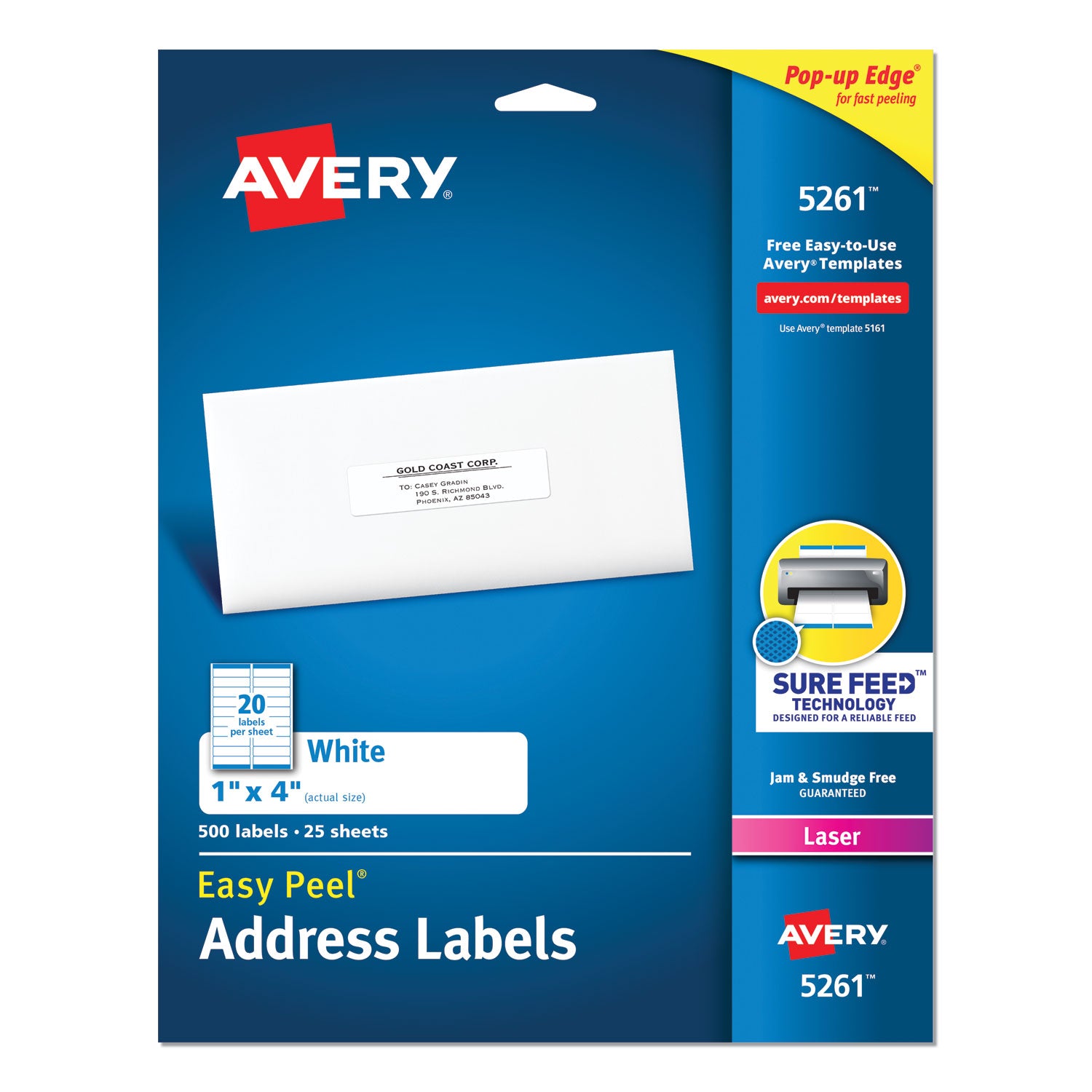 Easy Peel White Address Labels w/ Sure Feed Technology, Laser Printers, 1 x 4, White, 20/Sheet, 25 Sheets/Pack -