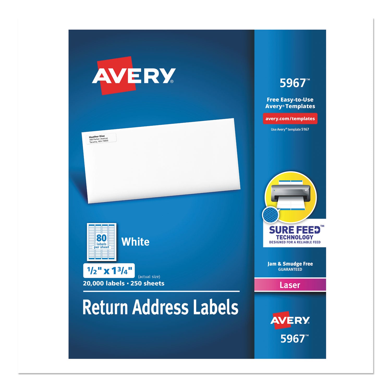 White Address Labels w/ Sure Feed Technology for Laser Printers, Laser Printers, 0.5 x 1.75, White, 80/Sheet, 250 Sheets/Box -