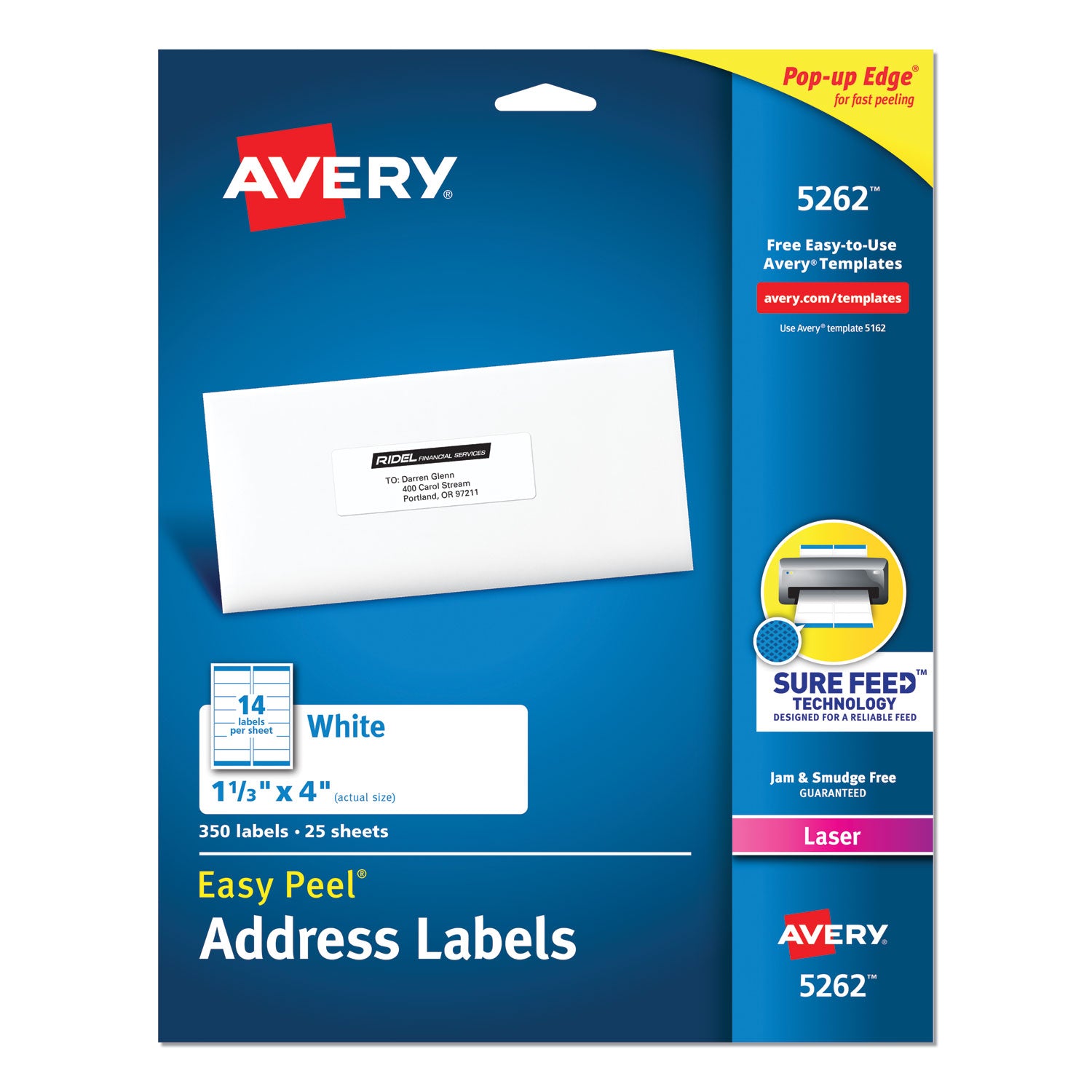 Easy Peel White Address Labels w/ Sure Feed Technology, Laser Printers, 1.33 x 4, White, 14/Sheet, 25 Sheets/Pack -