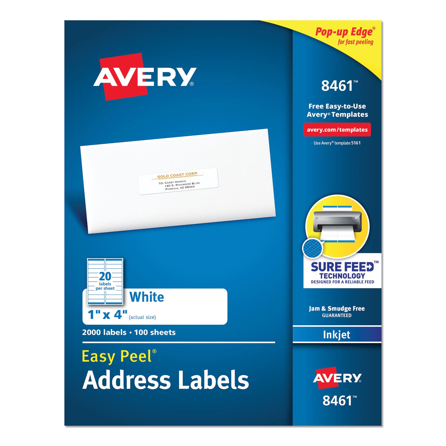 Easy Peel White Address Labels w/ Sure Feed Technology, Inkjet Printers, 1 x 4, White, 20/Sheet, 100 Sheets/Box -
