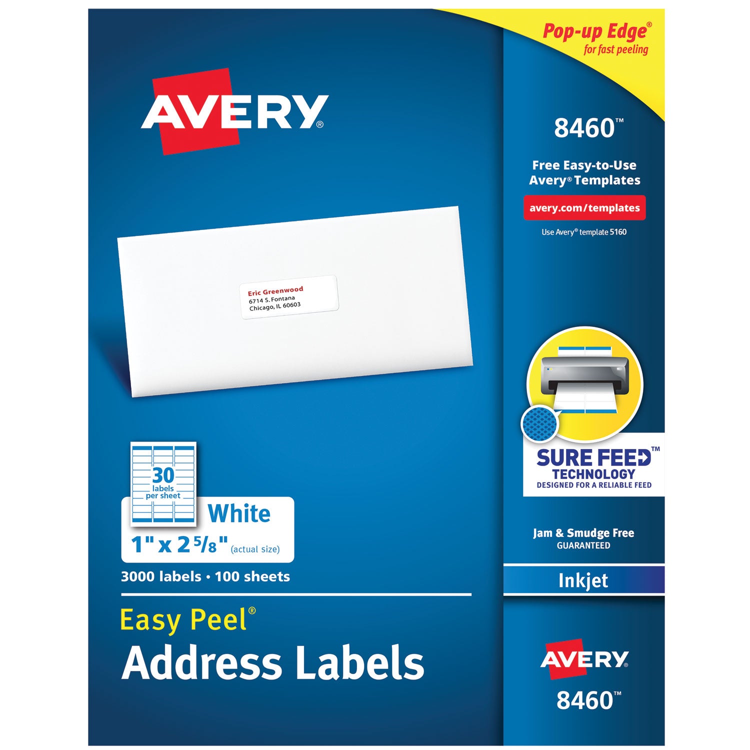 Easy Peel White Address Labels w/ Sure Feed Technology, Inkjet Printers, 1 x 2.63, White, 30/Sheet, 100 Sheets/Box -