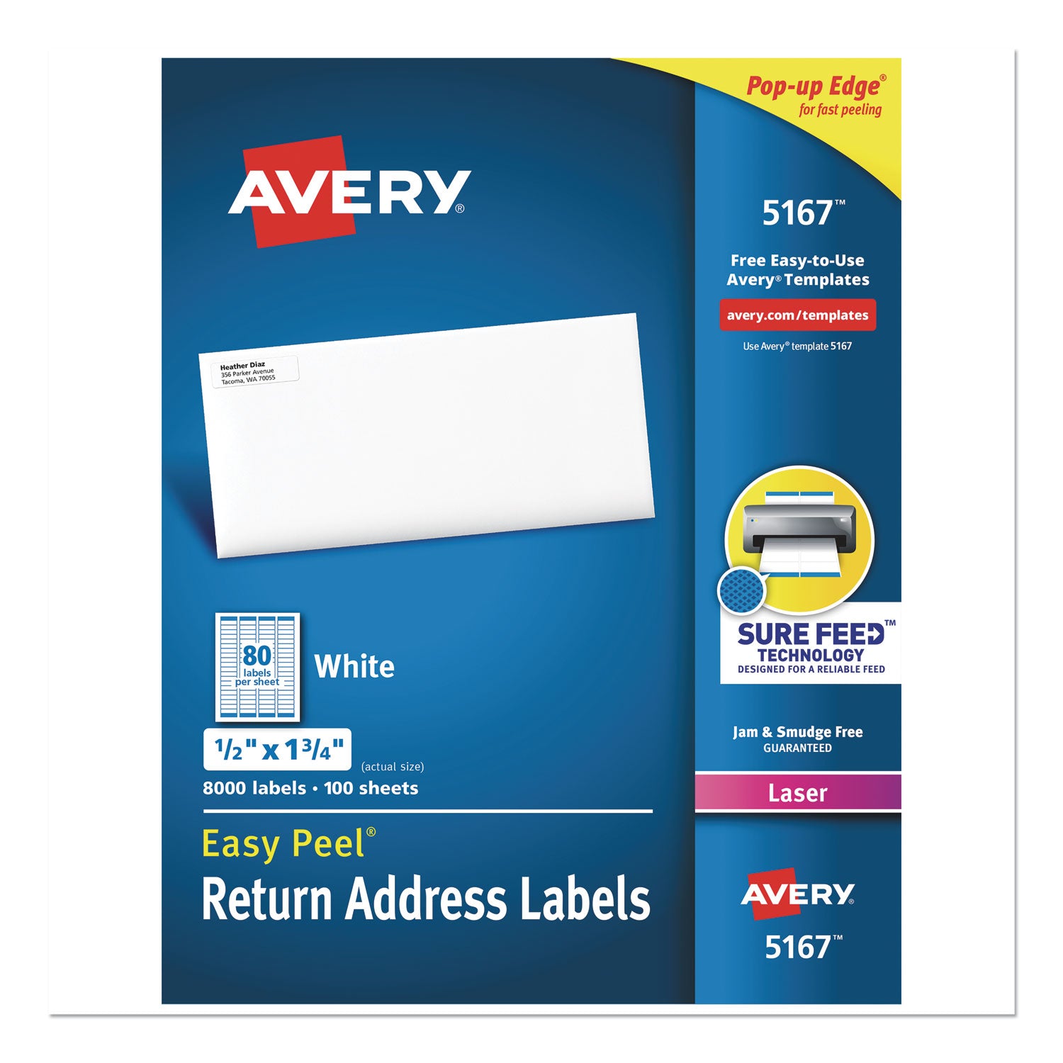 Easy Peel White Address Labels w/ Sure Feed Technology, Laser Printers, 0.5 x 1.75, White, 80/Sheet, 100 Sheets/Box -
