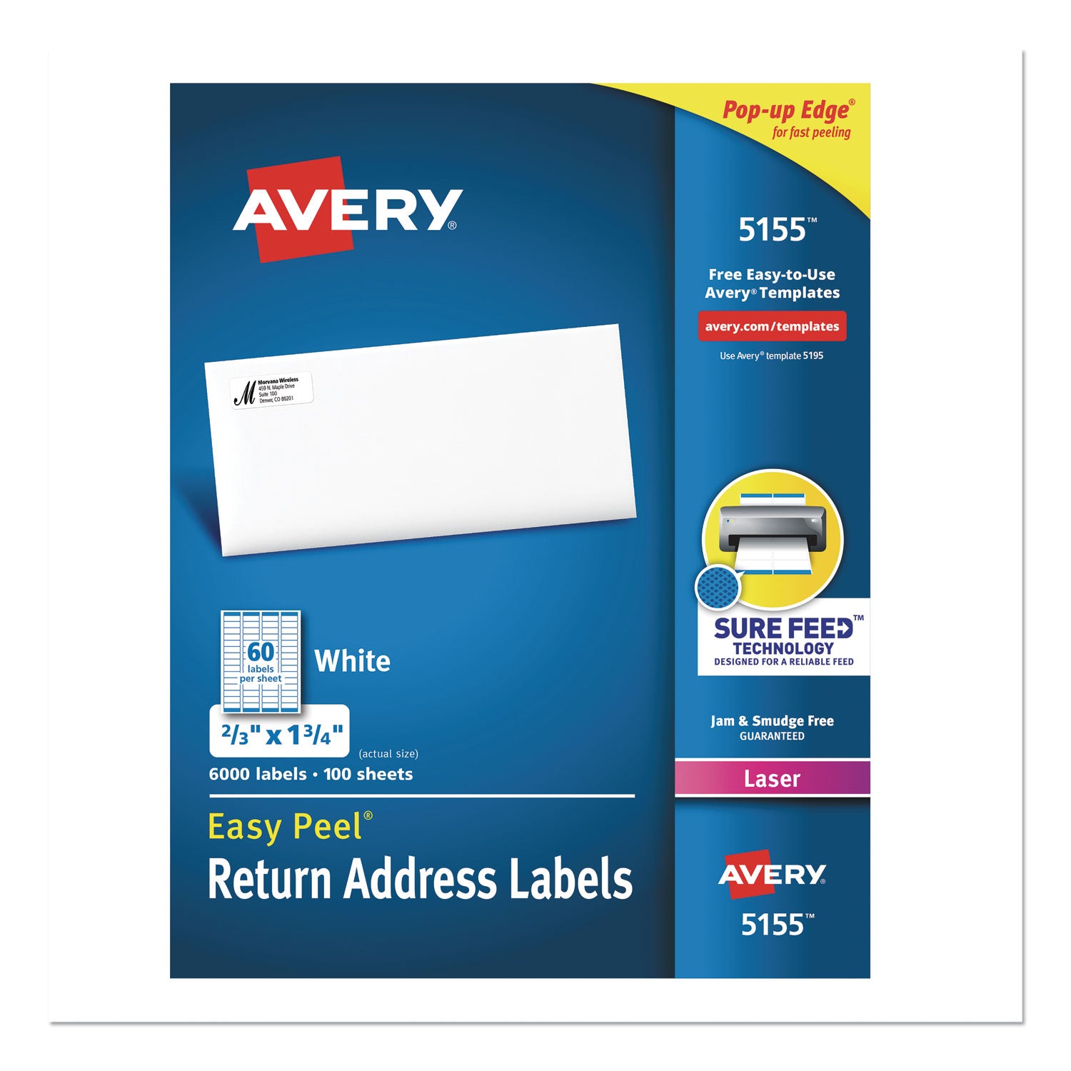 Easy Peel White Address Labels w/ Sure Feed Technology, Laser Printers, 0.66 x 1.75, White, 60/Sheet, 100 Sheets/Pack -
