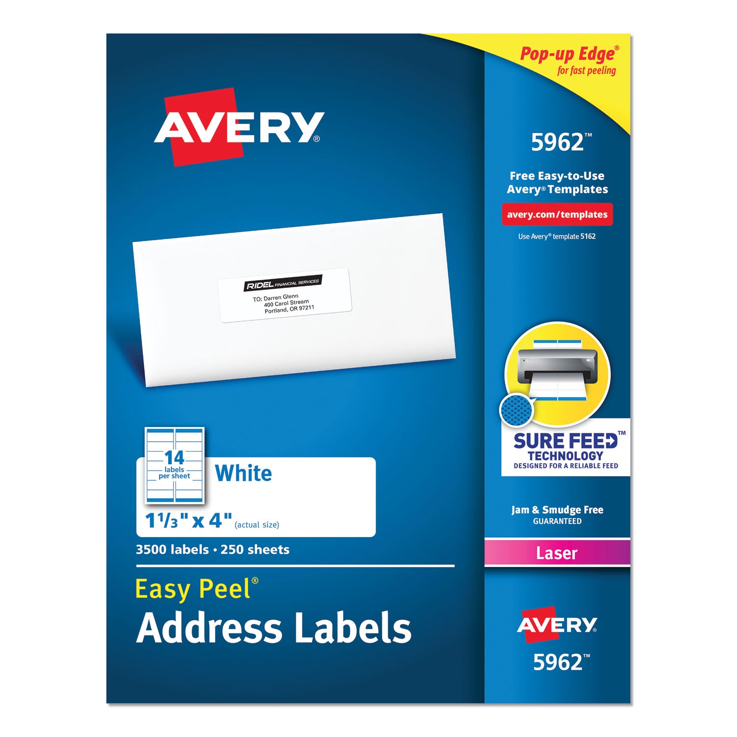 Easy Peel White Address Labels w/ Sure Feed Technology, Laser Printers, 1.33 x 4, White, 14/Sheet, 250 Sheets/Box -