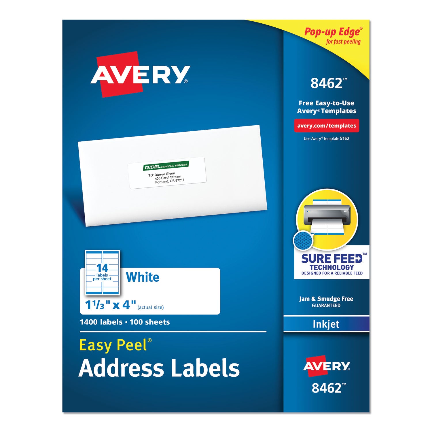 Easy Peel White Address Labels w/ Sure Feed Technology, Inkjet Printers, 1.33 x 4, White, 14/Sheet, 100 Sheets/Box -