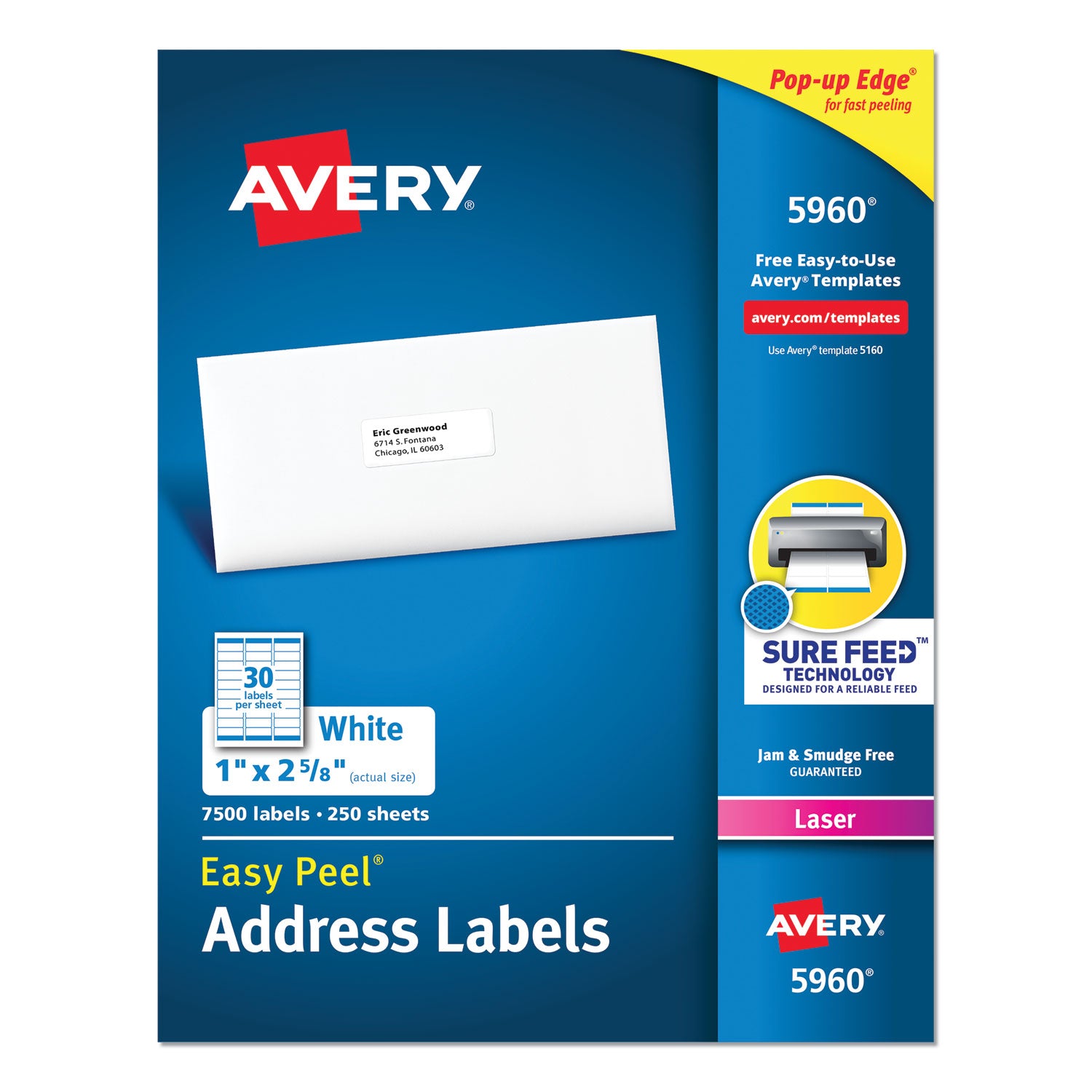 Easy Peel White Address Labels w/ Sure Feed Technology, Laser Printers, 1 x 2.63, White, 30/Sheet, 250 Sheets/Pack -