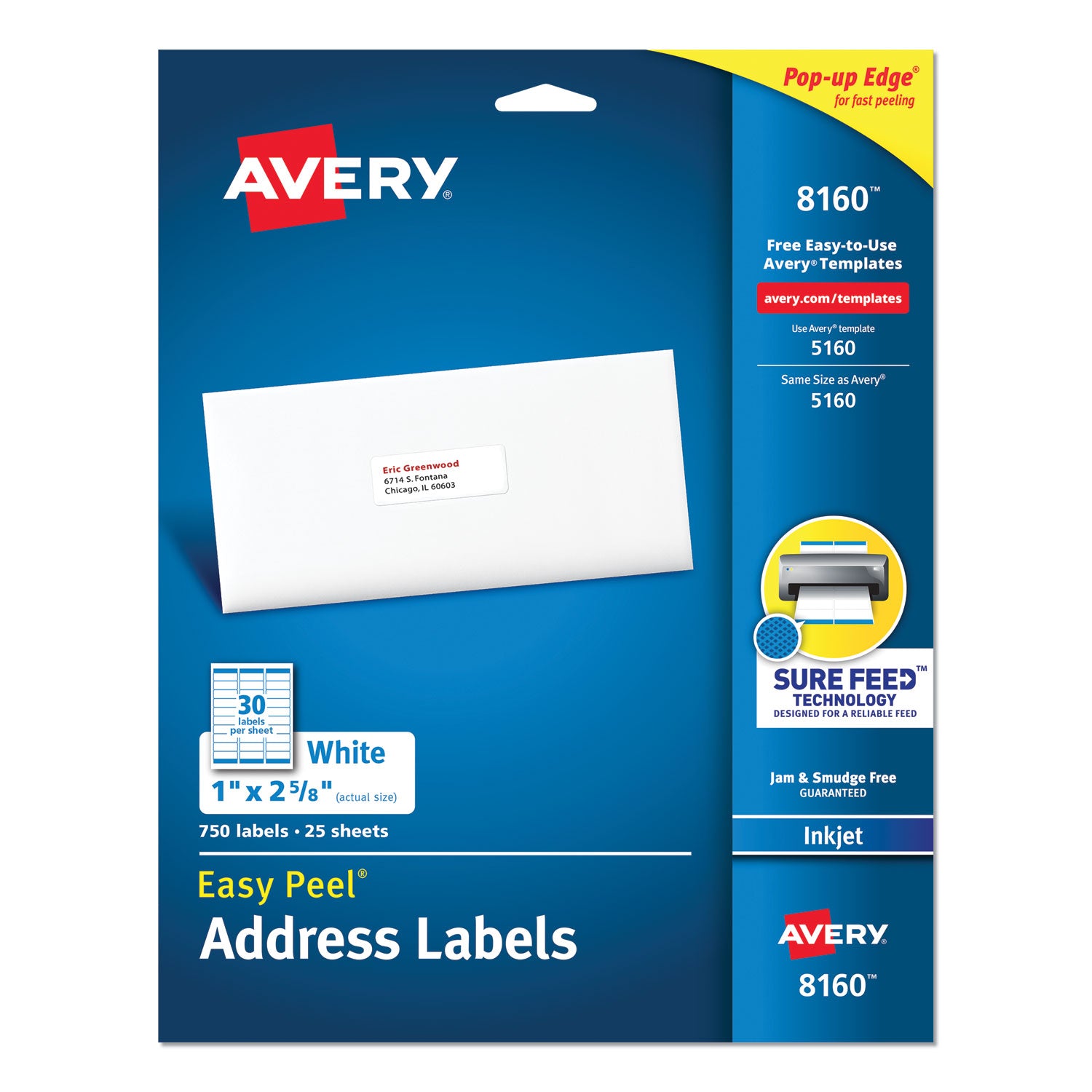 Easy Peel White Address Labels w/ Sure Feed Technology, Inkjet Printers, 1 x 2.63, White, 30/Sheet, 25 Sheets/Pack -