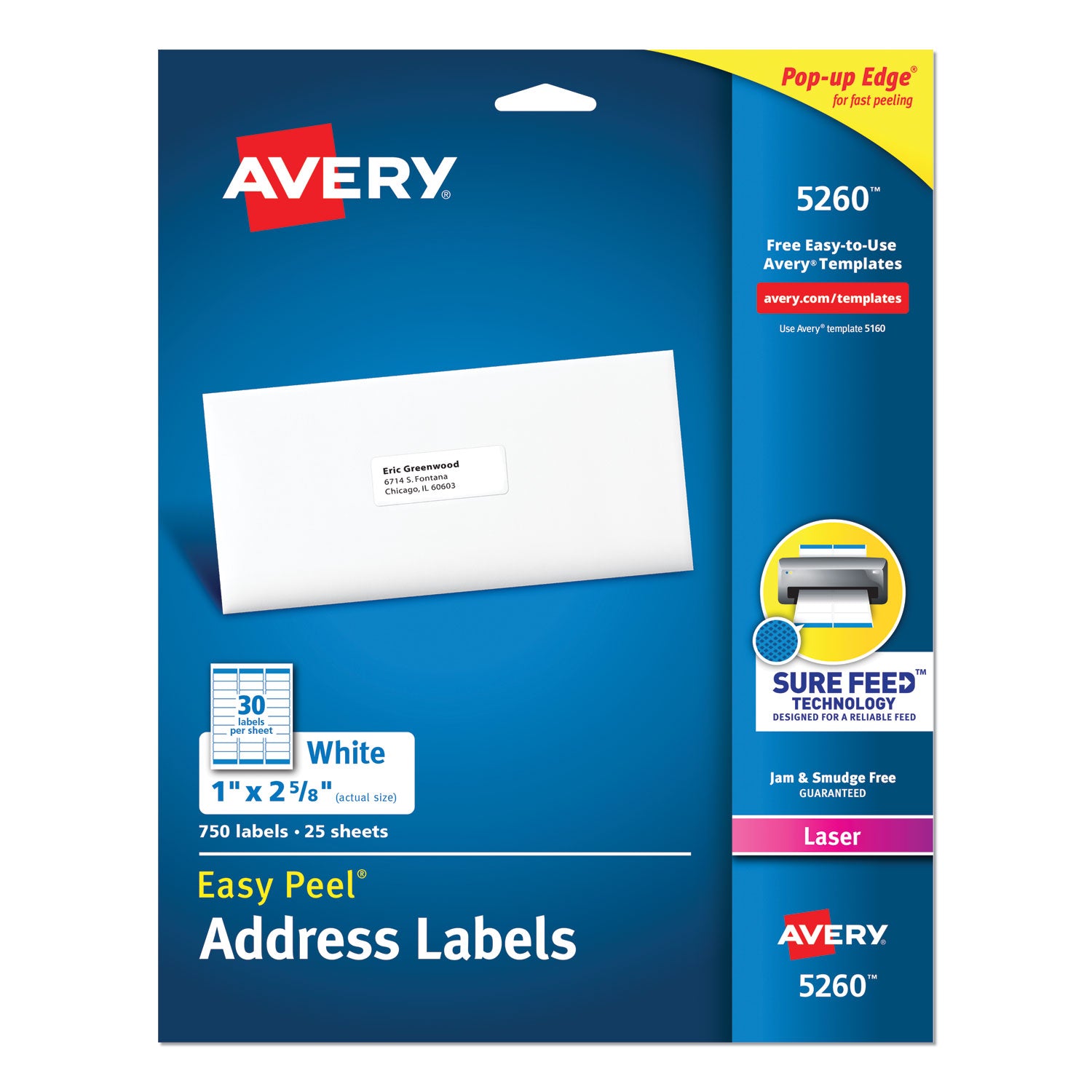 Easy Peel White Address Labels w/ Sure Feed Technology, Laser Printers, 1 x 2.63, White, 30/Sheet, 25 Sheets/Pack -