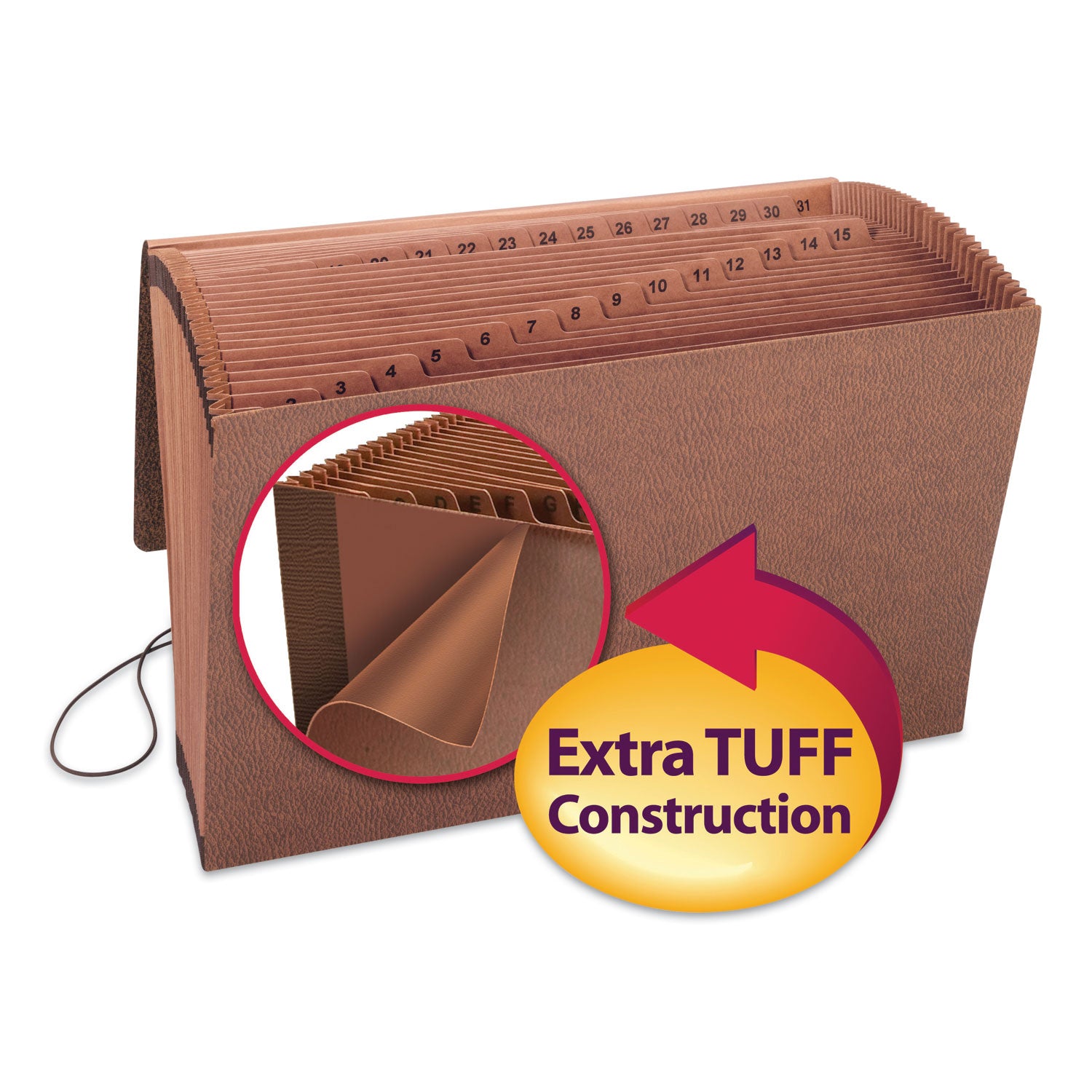 TUFF Expanding Wallet, 31 Sections, Elastic Cord Closure, 1/15-Cut Tabs, Legal Size, Redrope -