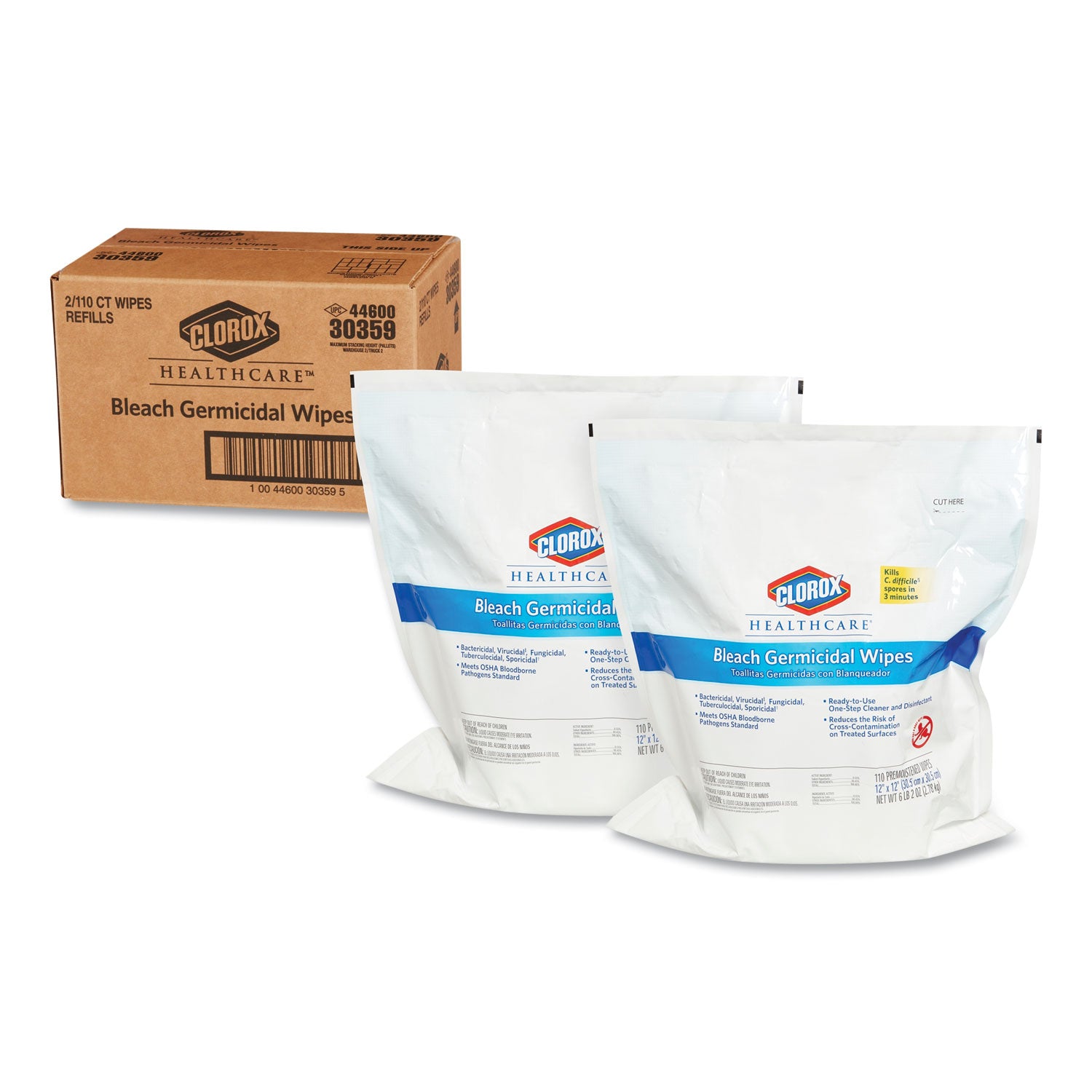 Bleach Germicidal Wipes, 1-Ply, 12 x 12, Unscented, White, 110/Refill, 2 Refills/Carton -