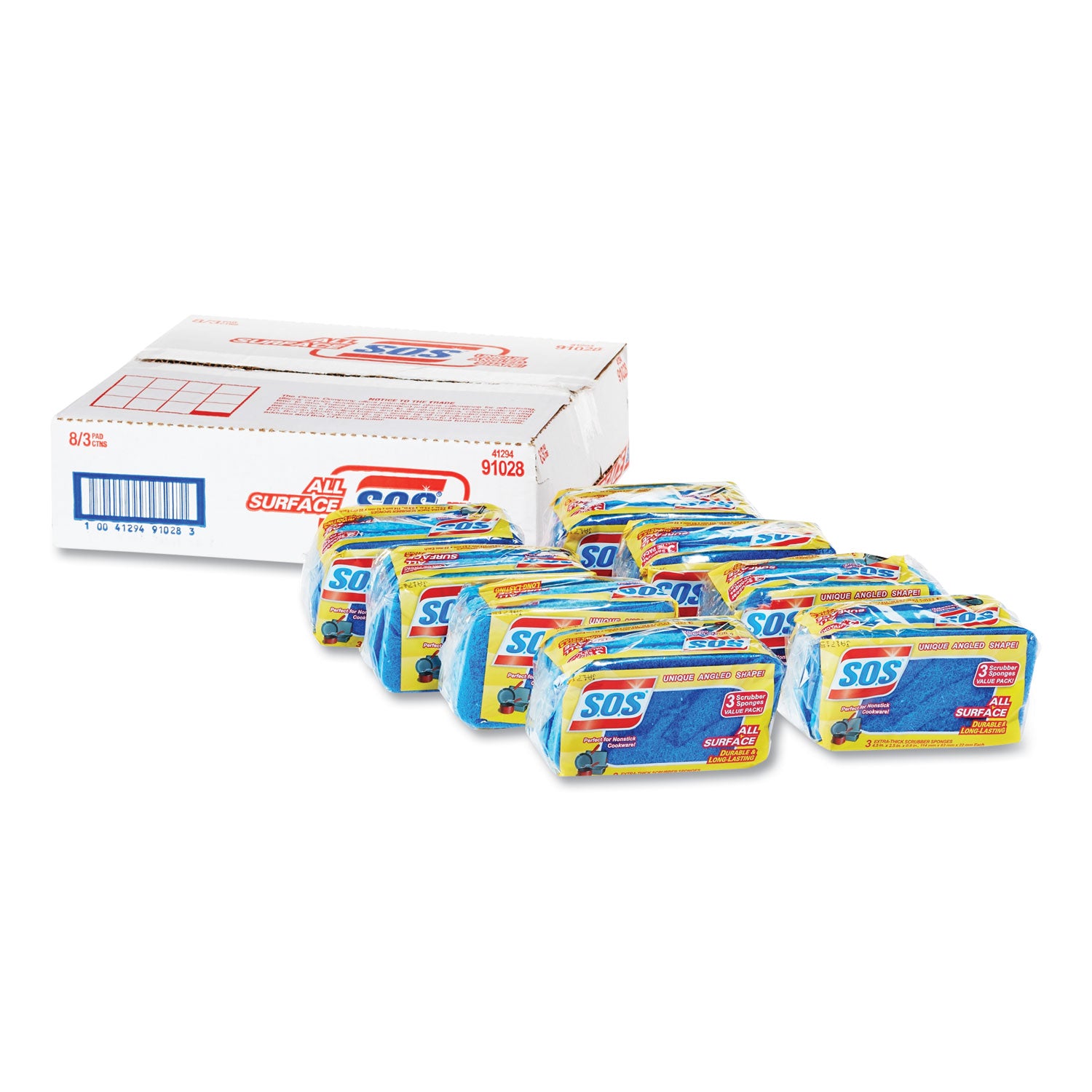 All Surface Scrubber Sponge, 2.5 x 4.5, 0.9" Thick, Dark Blue, 3/Pack, 8 Packs/Carton -
