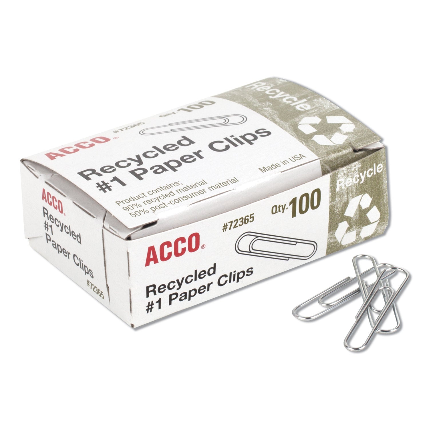 Recycled Paper Clips, #1, Smooth, Silver, 100 Clips/Box, 10 Boxes/Pack - 1