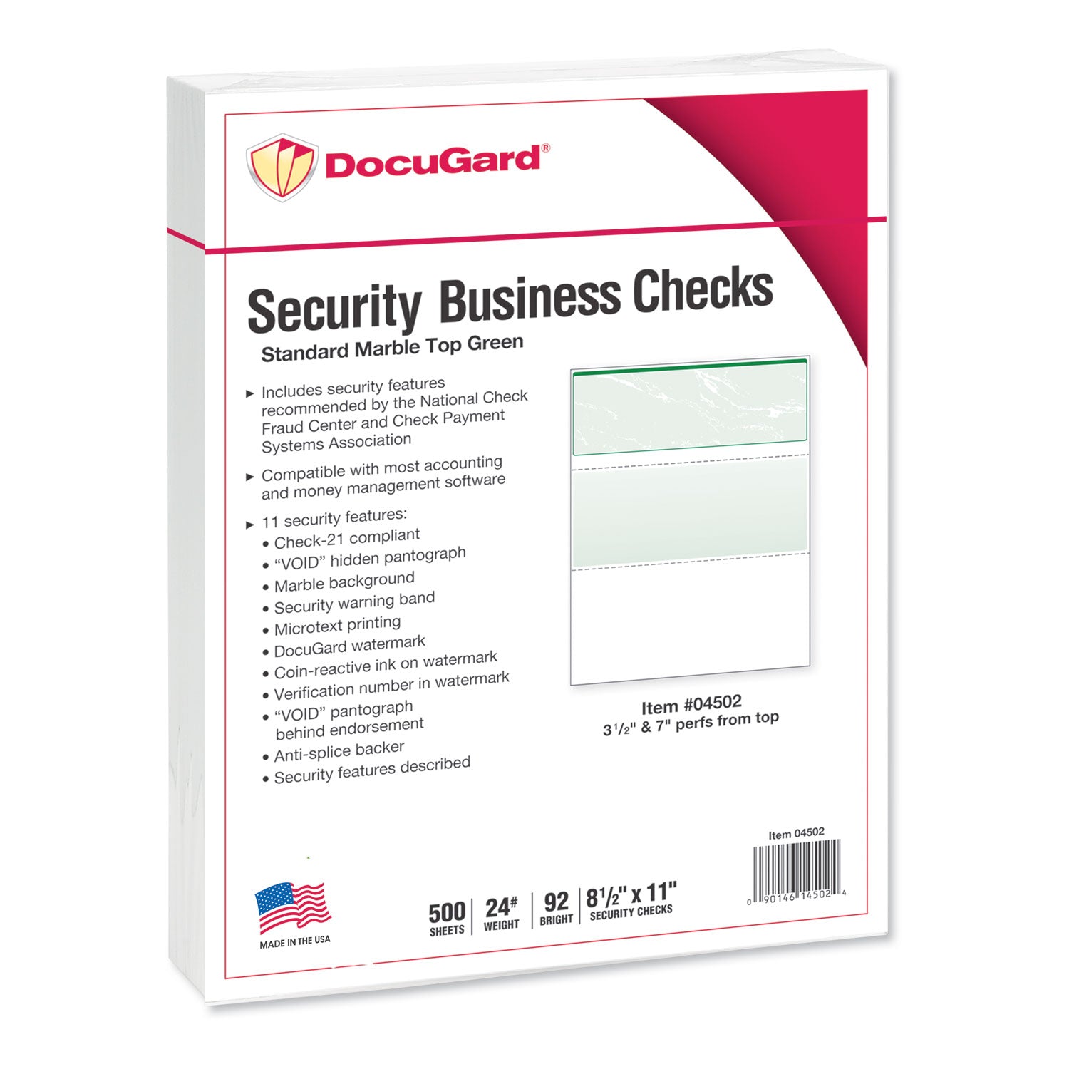 Standard Security Check, 11 Features, 8.5 x 11, Green Marble Top, 500/Ream -