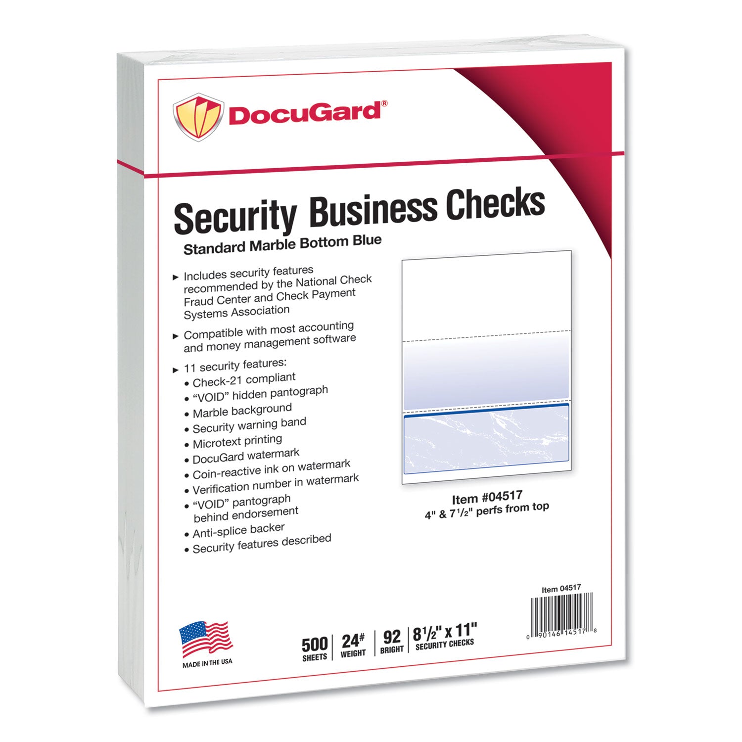 Standard Security Check, 11 Features, 8.5 x 11, Blue Marble Bottom, 500/Ream -
