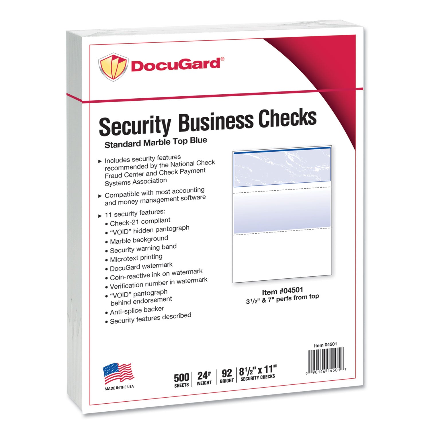 Security Business Checks, 11 Features, 8.5 x 11, Blue Marble Top, 500/Ream -
