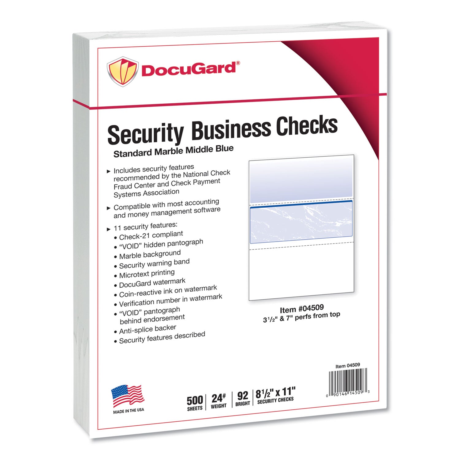 Standard Security Check, 11 Features, 8.5 x 11, Blue Marble Middle, 500/Ream -