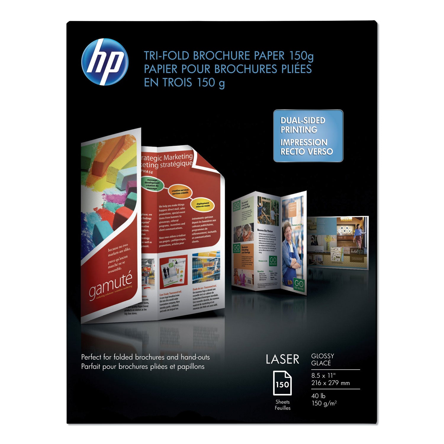 Laser Glossy Tri-Fold Brochure Paper, 97 Bright, 40 lb Bond Weight, 8.5 x 11, White, 150/Pack -