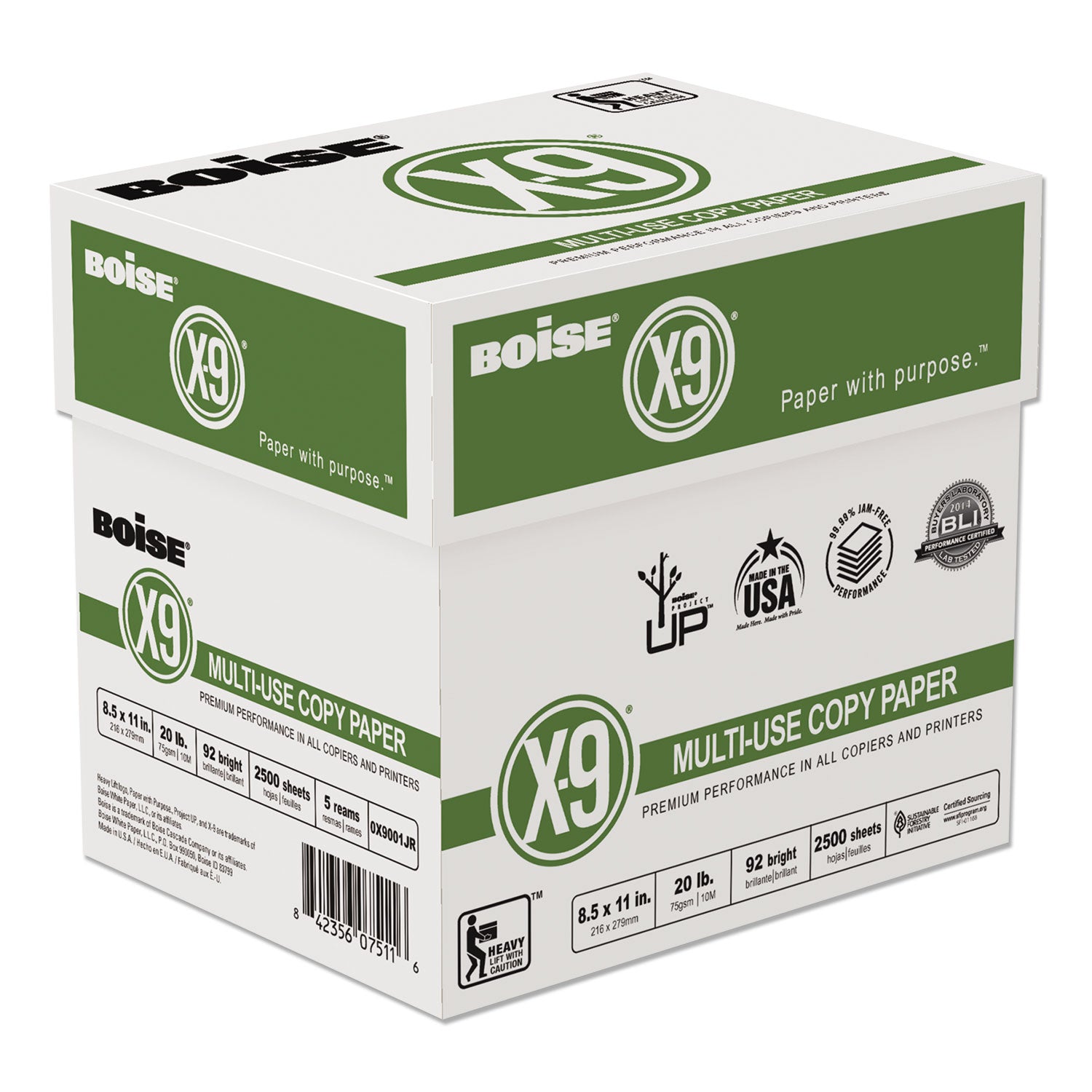 X-9 Multi-Use Copy Paper, 92 Bright, 20 lb Bond Weight, 8.5 x 11, White, 500 Sheets/Ream, 5 Reams/Carton -