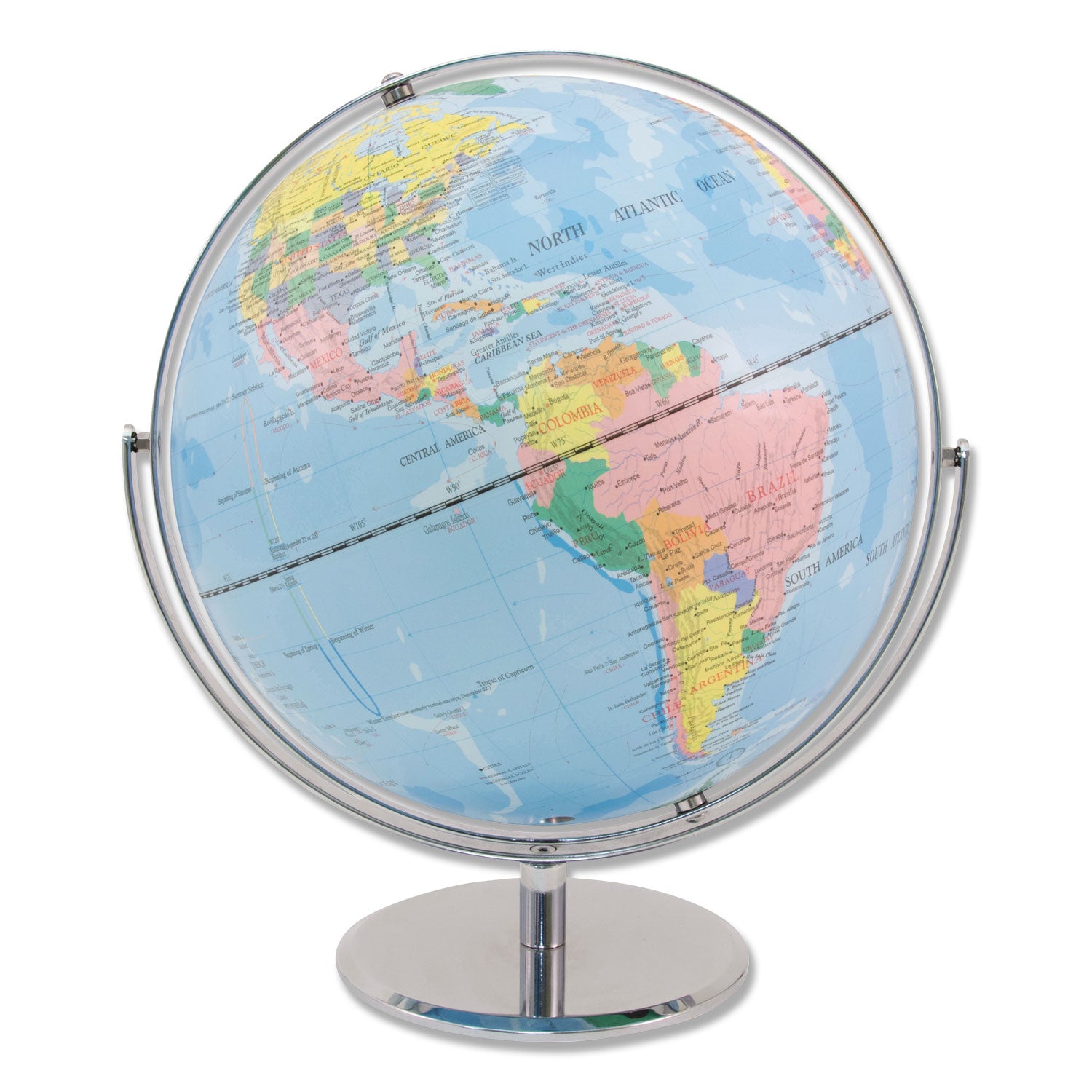 12-Inch Globe with Blue Oceans, Silver-Toned Metal Desktop Base, Full-Meridian -