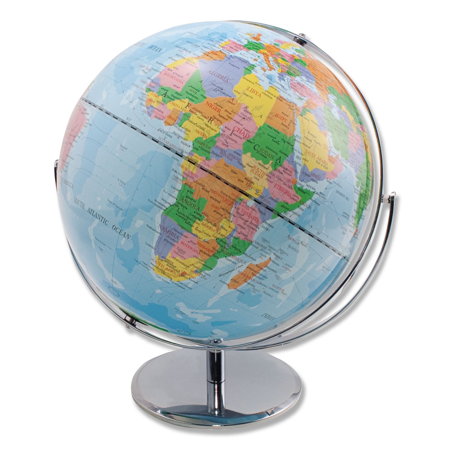 12-Inch Globe with Blue Oceans, Silver-Toned Metal Desktop Base, Full-Meridian -