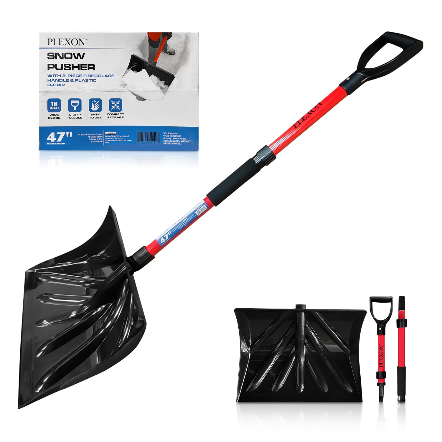 47" Snow Pusher with 2-piece Fiberglass Handle & Plastic D-Grip, 18" Wide Blade