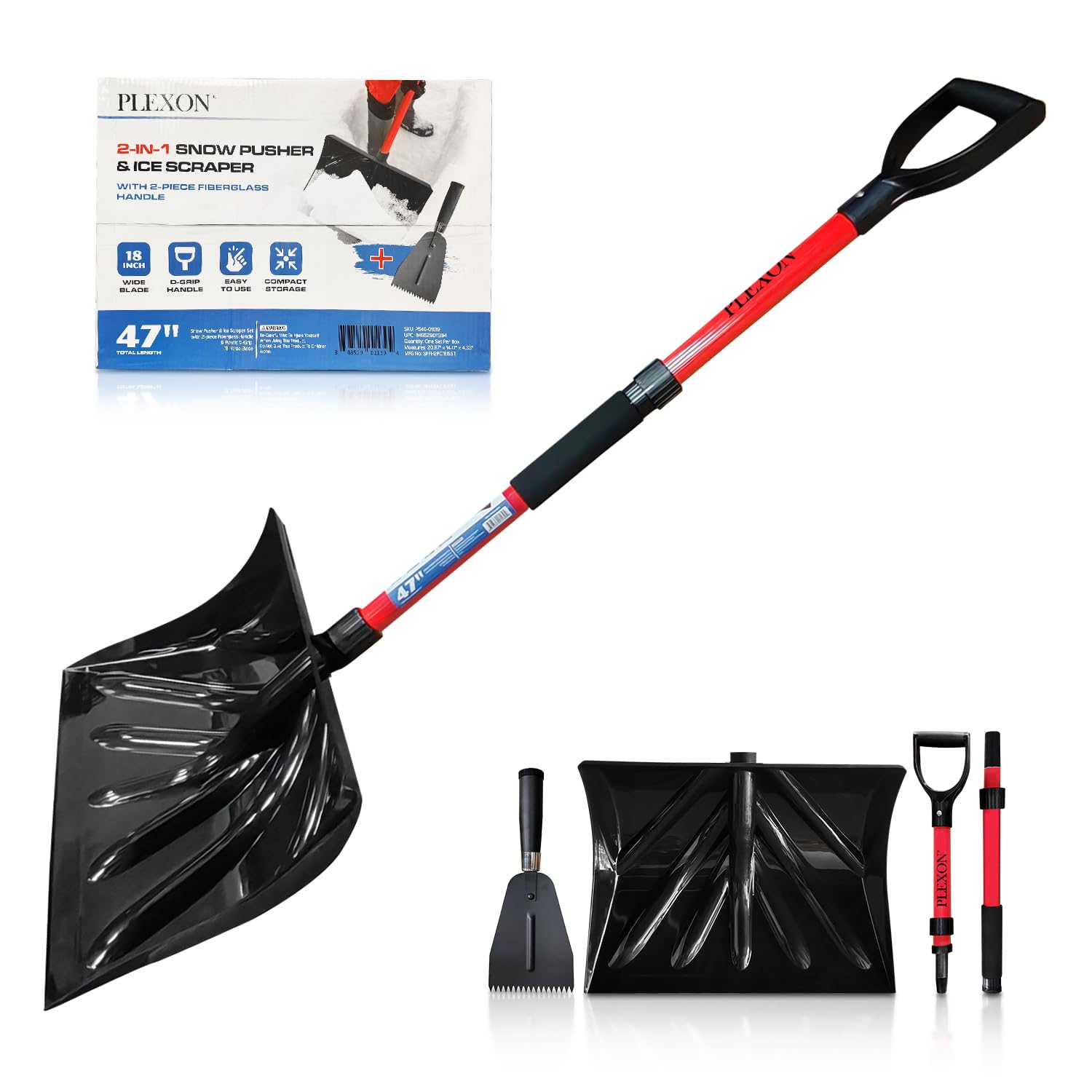 47" Snow Pusher & Ice Scraper Set with 2-piece Fiberglass Handle & Plastic D-Grip, 18" Wide Blade