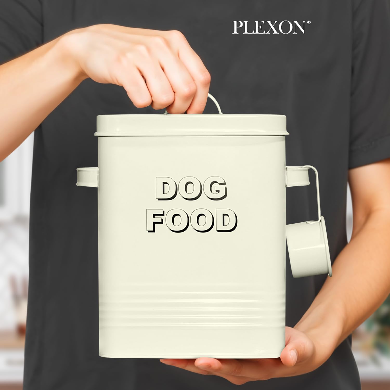 5 lb Square Beige Metal Pet Food Storage Container with Handles and Scoop