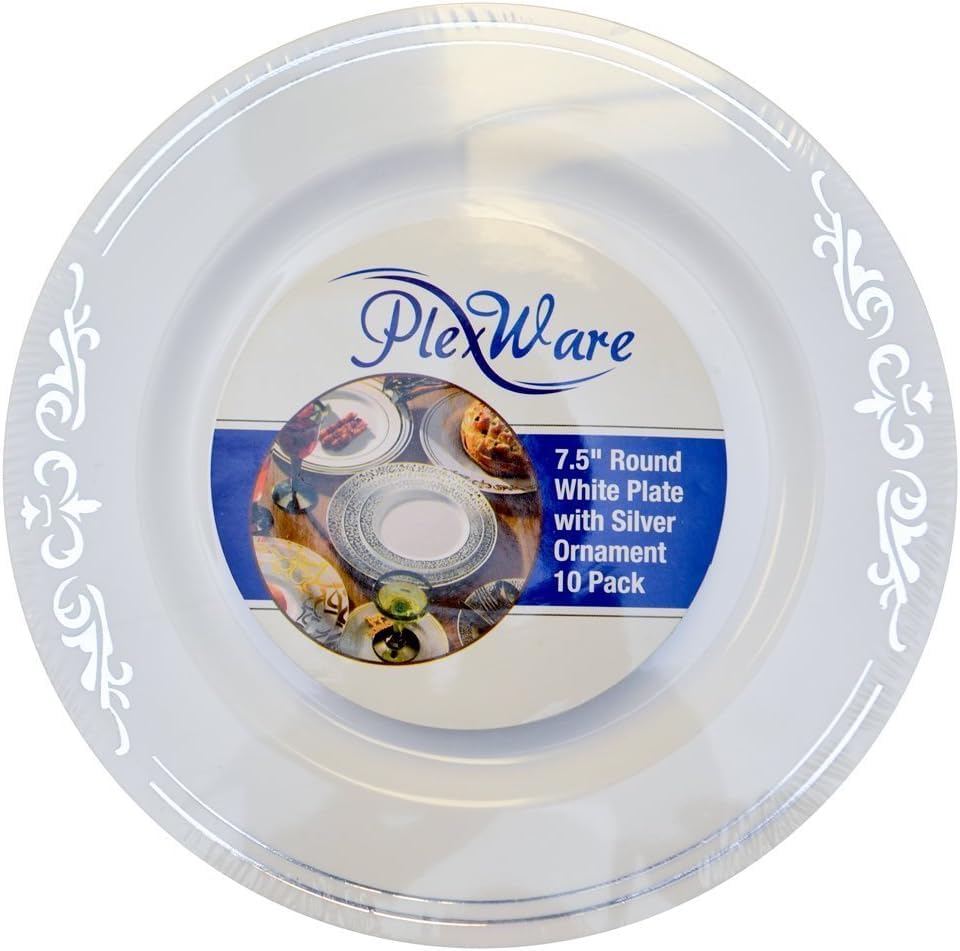 7.5" Round White Plate with Silver Ornament, 10/Pack, 12/Case