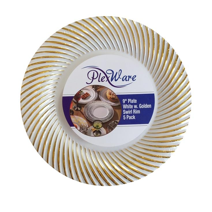 9" Round White Plates with Golden Swirl Rim, 5/Pack, 24/Case