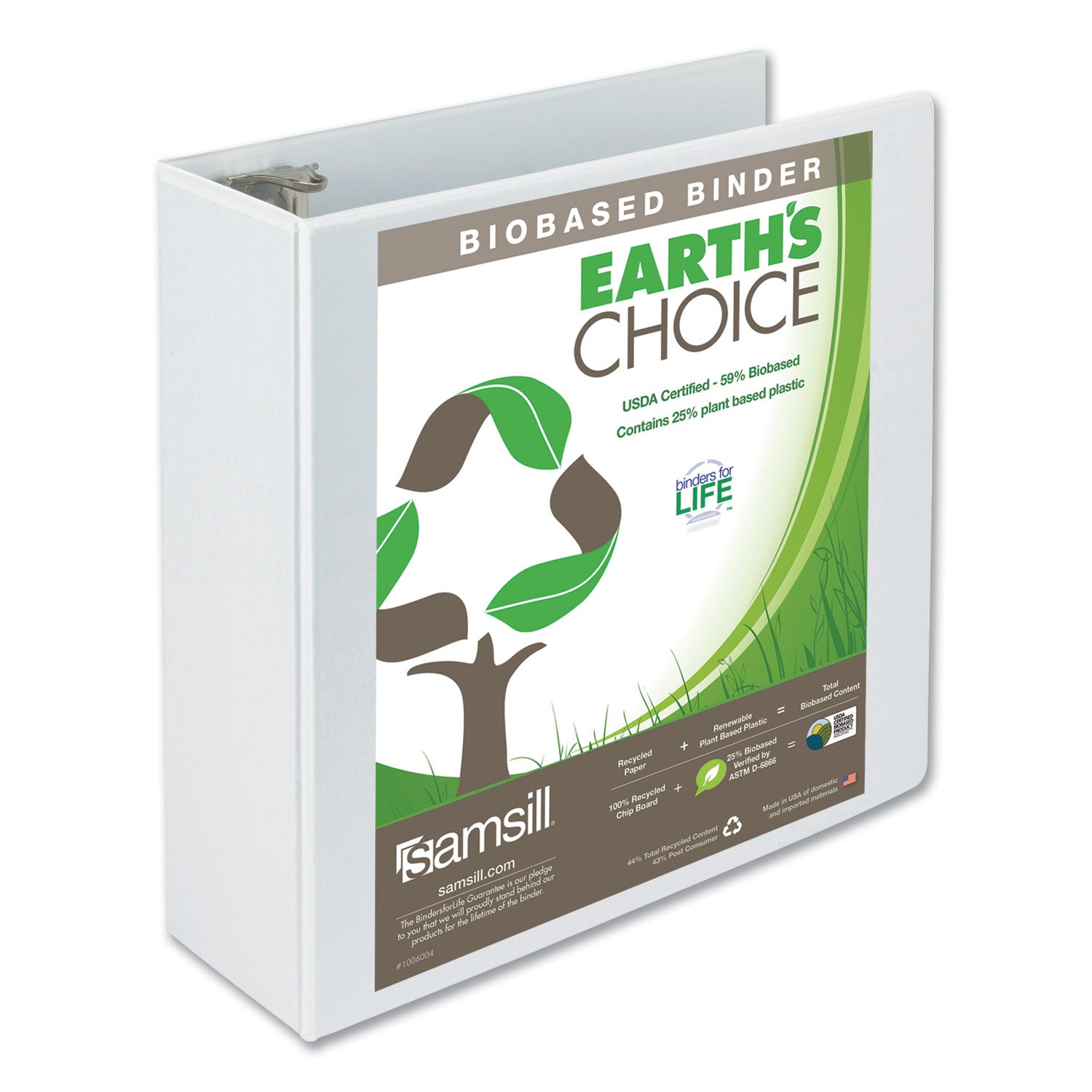 Earth's Choice Plant-Based Round Ring View Binder, 3 Rings, 4" Capacity, 11 x 8.5, White -