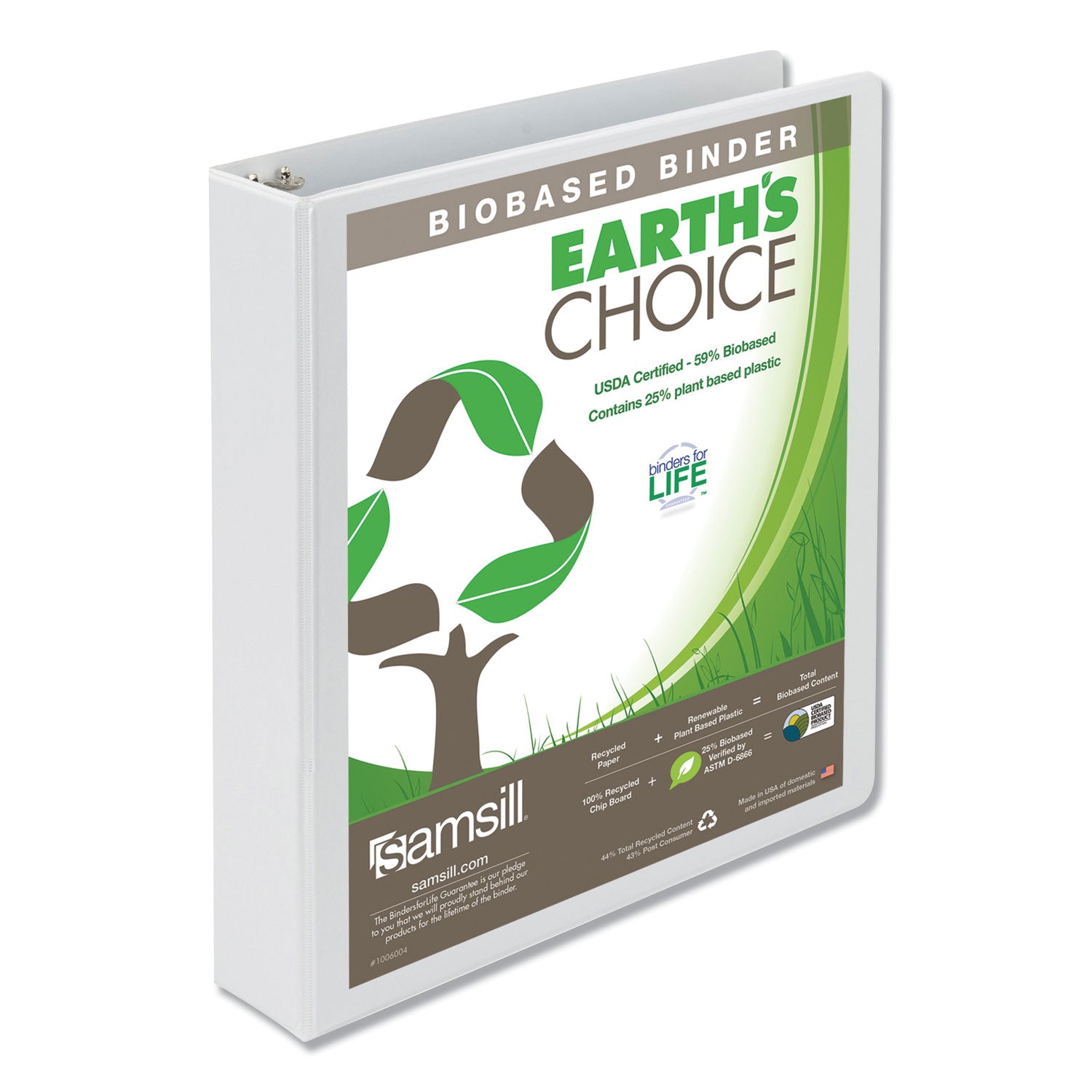 Earth's Choice Plant-Based Round Ring View Binder, 3 Rings, 1.5" Capacity, 11 x 8.5, White -