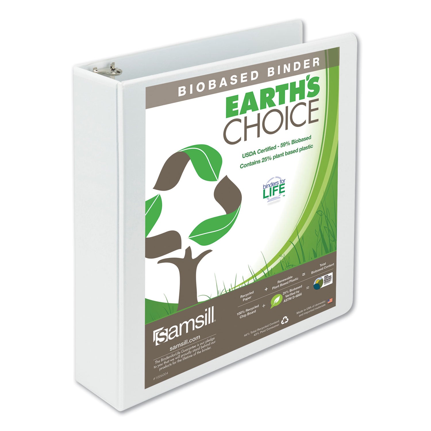 Earth's Choice Plant-Based Round Ring View Binder, 3 Rings, 2" Capacity, 11 x 8.5, White -