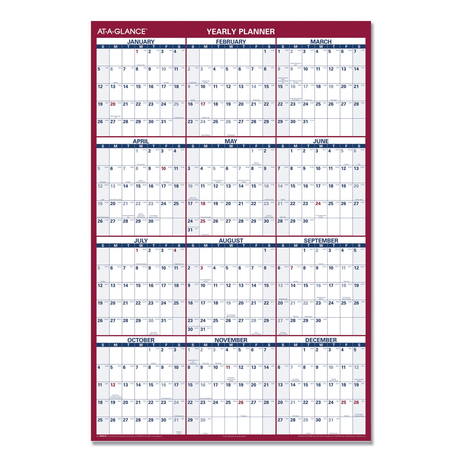 At-A-Glance Vertical Reversible Horizontal Erasable Wall Calendar - Extra Large Size - Julian Dates - Yearly - 12 Month - January 2024 - December 2024 - 48" x 32" White Sheet - 1.25" x 1.88" , 1.63" x 1.63" Block - Red - Laminate - Erasable, Reversib - 2