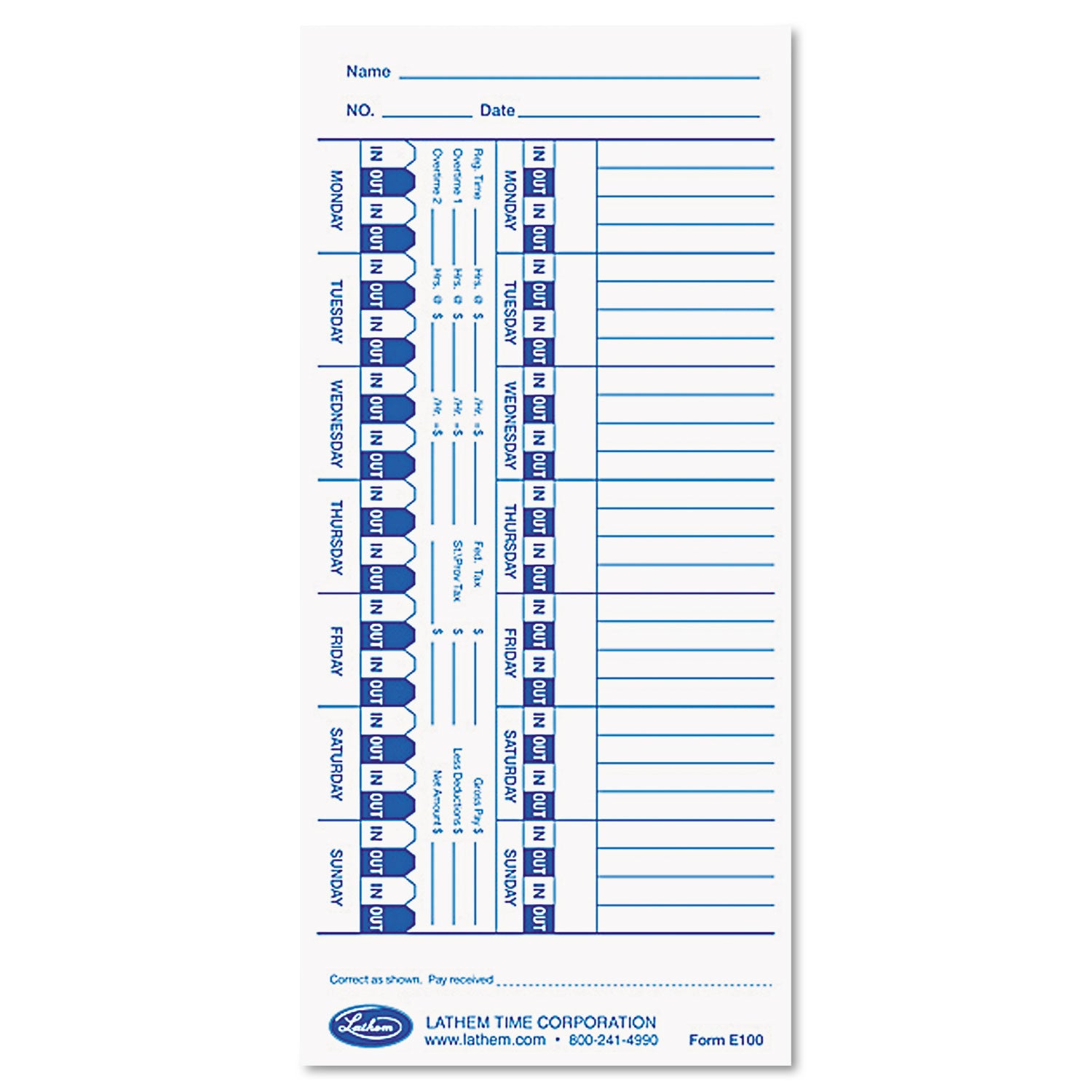 Time Clock Cards for Lathem Time E Series, One Side, 4 x 9, 100/Pack -