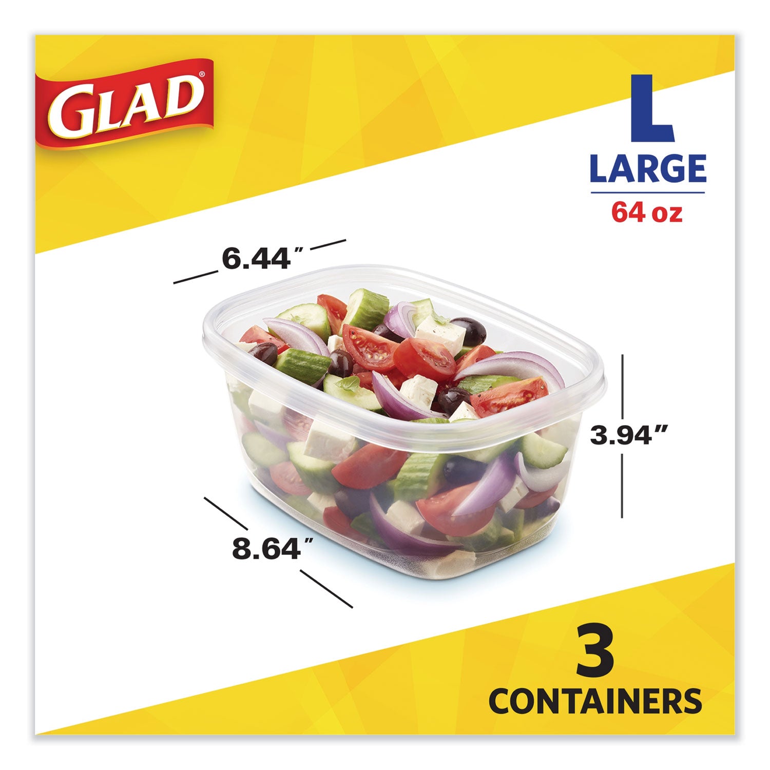 Deep Dish Food Storage Containers, 64 oz, Plastic, 3/Pack -