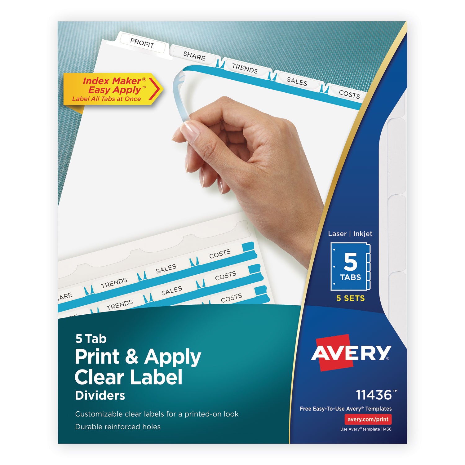 Print and Apply Index Maker Clear Label Dividers, 5-Tab, White Tabs, 11 x 8.5, White, 5 Sets -