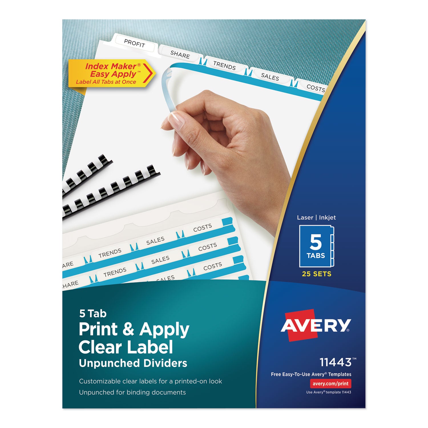 Print and Apply Index Maker Clear Label Unpunched Dividers, 5-Tab, 11 x 8.5, White, 25 Sets -