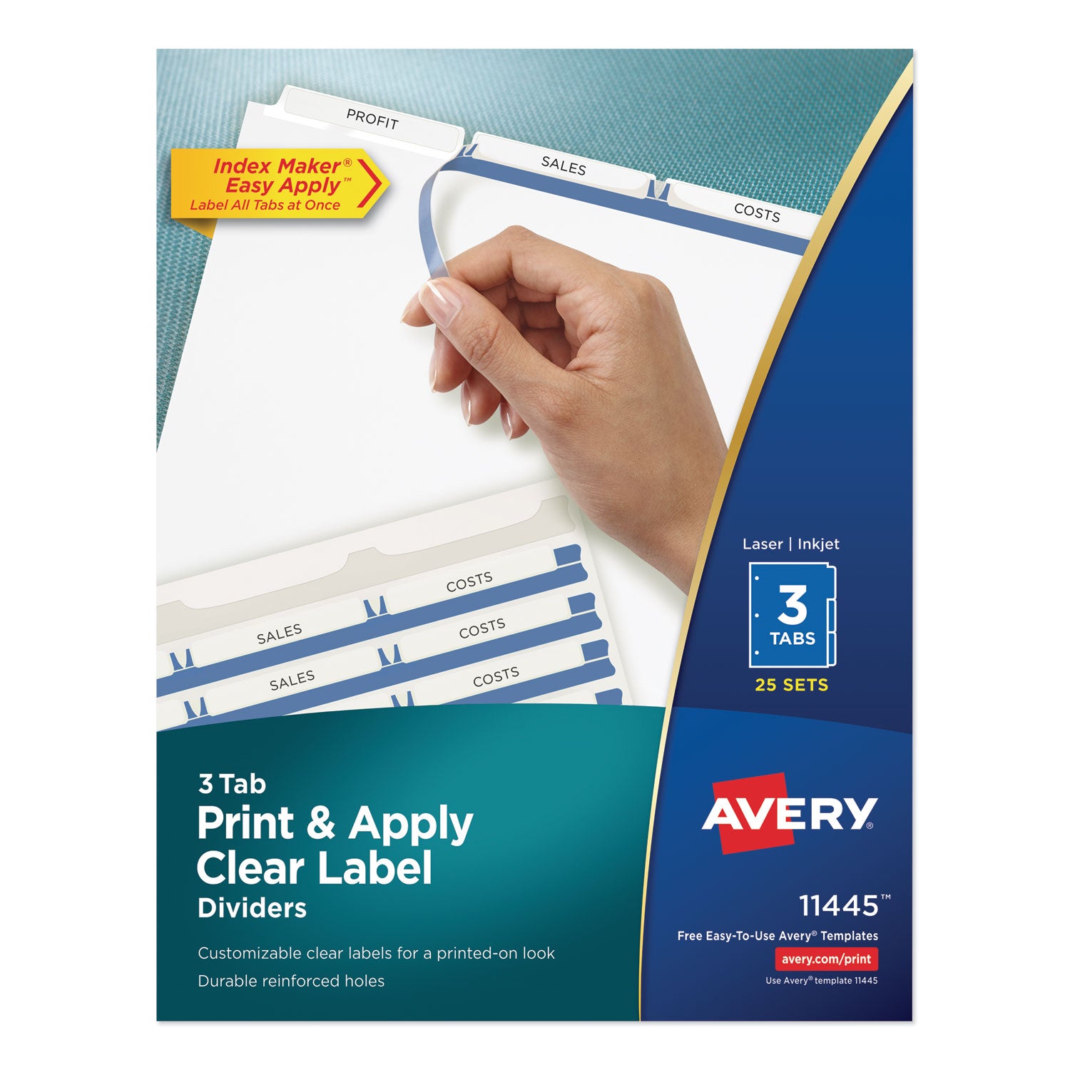 Print and Apply Index Maker Clear Label Dividers, 3-Tab, White Tabs, 11 x 8.5, White, 25 Sets -