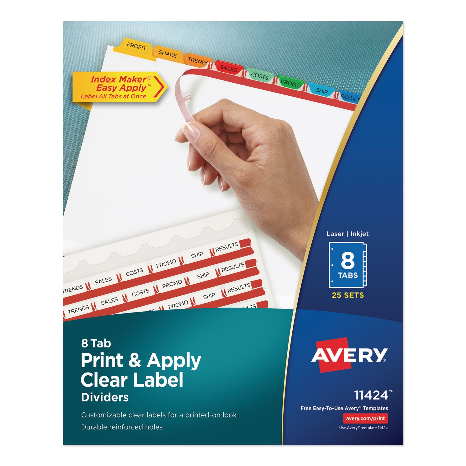 Print and Apply Index Maker Clear Label Dividers, 8-Tab, Color Tabs, 11 x 8.5, White, Traditional Color Tabs, 25 Sets -