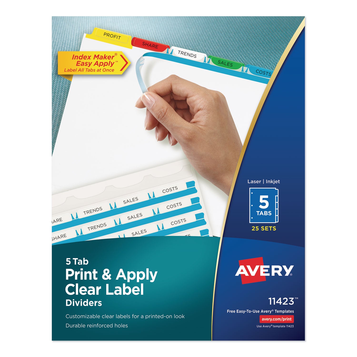 Print and Apply Index Maker Clear Label Dividers, 5-Tab, Color Tabs, 11 x 8.5, White, Traditional Color Tabs, 25 Sets -