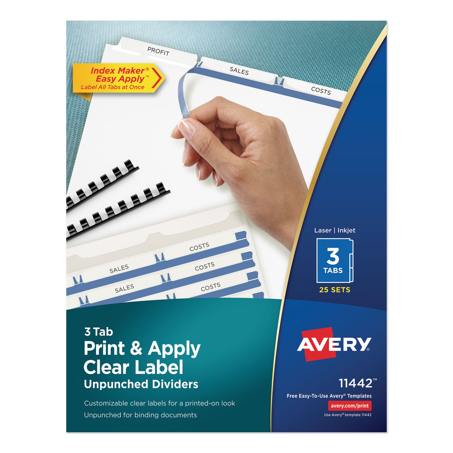 Print and Apply Index Maker Clear Label Unpunched Dividers, 3-Tab, 11 x 8.5, White, 25 Sets -