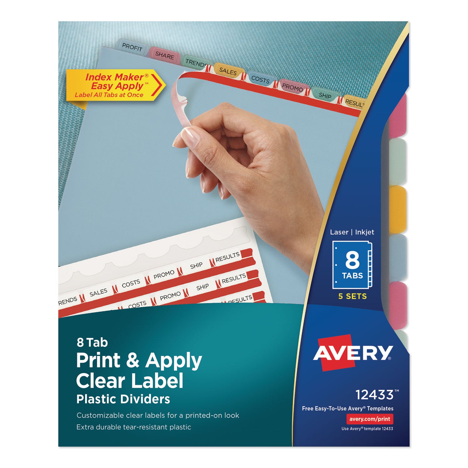 Print and Apply Index Maker Clear Label Plastic Dividers with Printable Label Strip, 8-Tab, 11 x 8.5, Assorted Tabs, 5 Sets -