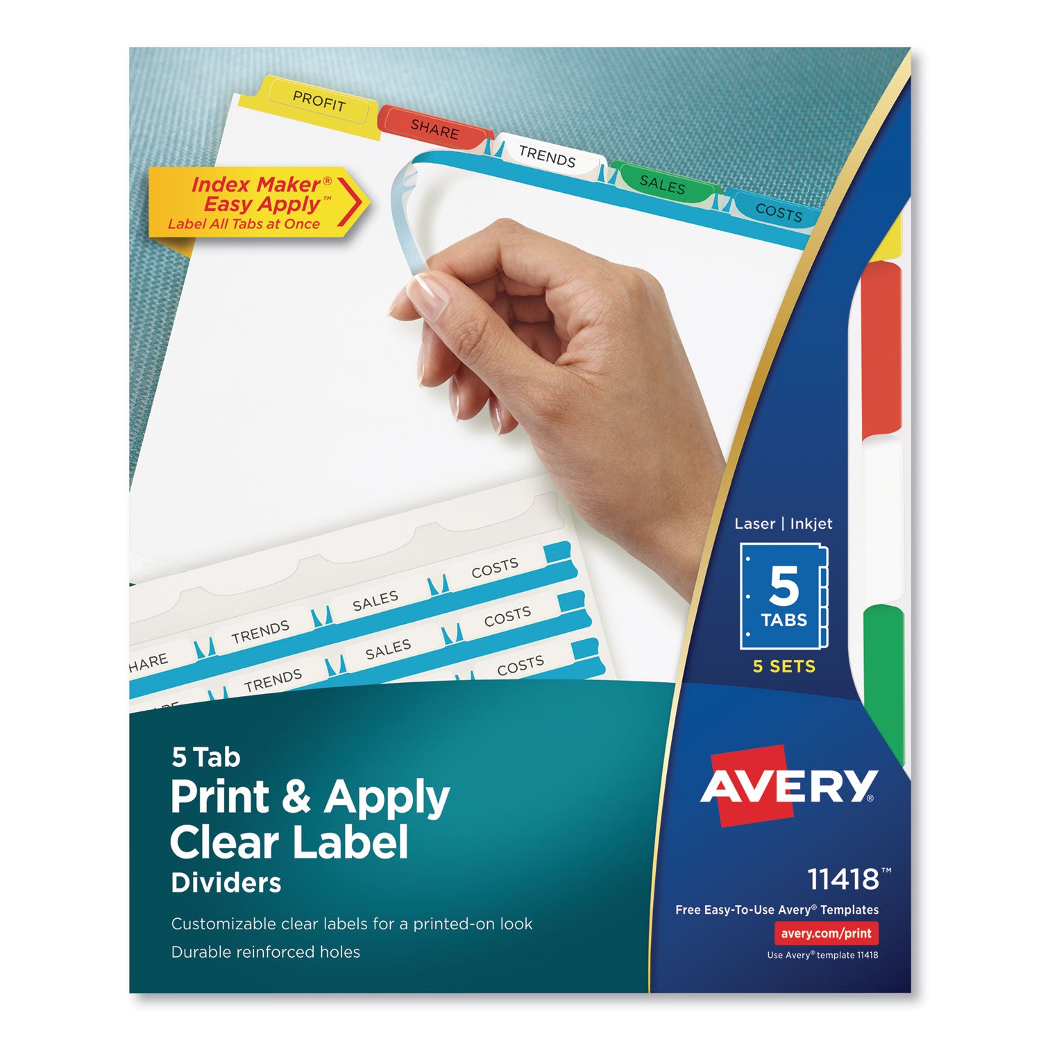 Print and Apply Index Maker Clear Label Dividers, 5-Tab, Color Tabs, 11 x 8.5, White, Traditional Color Tabs, 5 Sets -