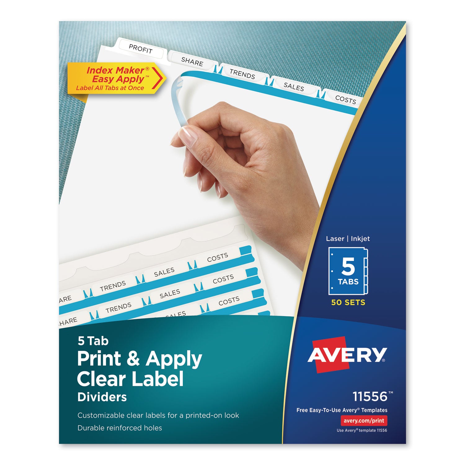 Print and Apply Index Maker Clear Label Dividers, 5-Tab, White Tabs, 11 x 8.5, White, 50 Sets -