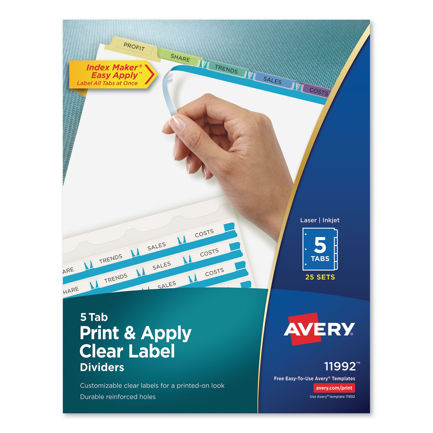 Print and Apply Index Maker Clear Label Dividers, 5-Tab, Color Tabs, 11 x 8.5, White, Contemporary Color Tabs, 25 Sets -