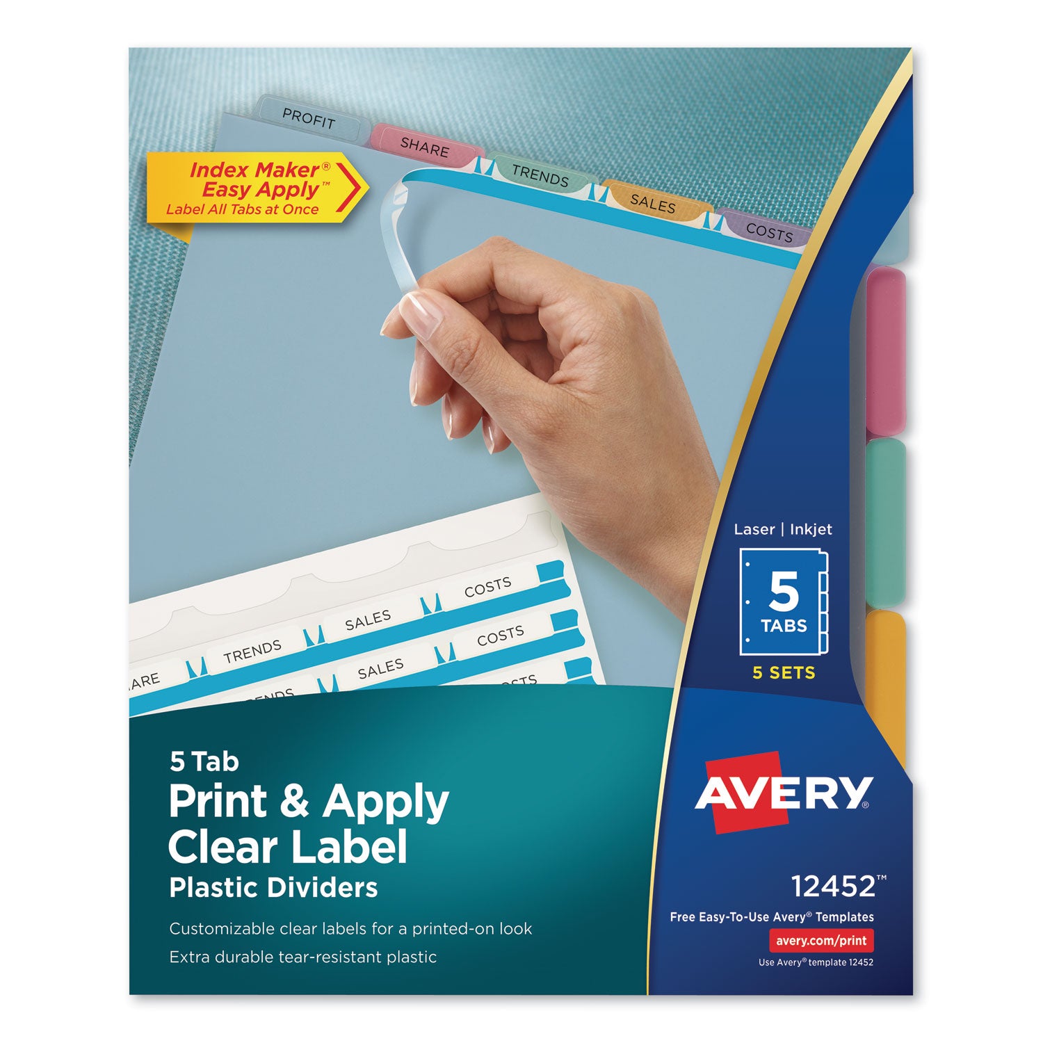 Print and Apply Index Maker Clear Label Plastic Dividers with Printable Label Strip, 5-Tab, 11 x 8.5, Assorted Tabs, 5 Sets -